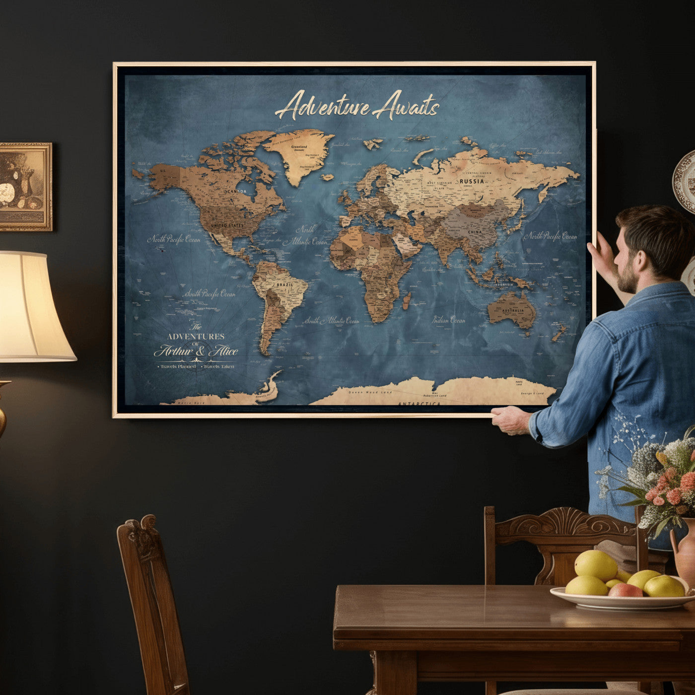 14637271-MGV-CV-36X24 - Custom Push Pin World Map Canvas | Personalized Travel Tracker | Wedding Anniversary Gift for Couples | Adventure Map Wall Art with Pins