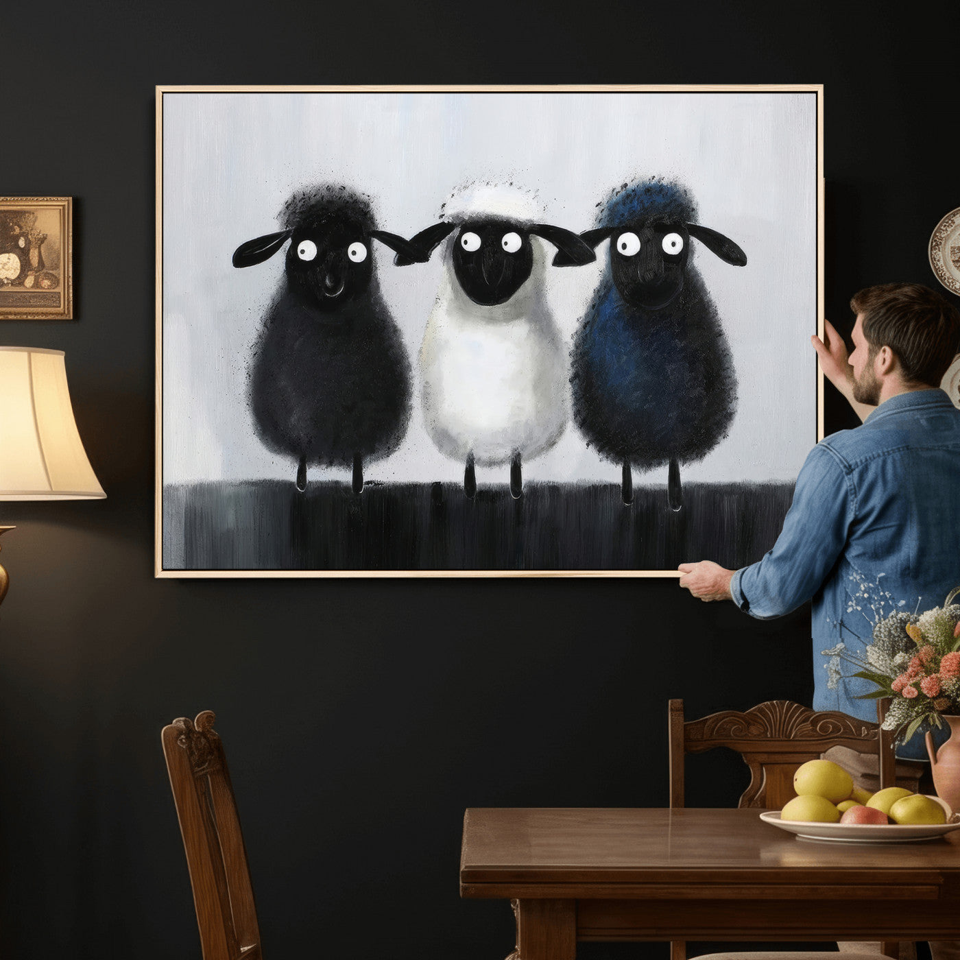 45650028-MGV-CV-36X24 - Funny Sheep Canvas Wall Art, Three Quirky Sheep Painting Print, Cute Animal Nursery Decor, Black White Navy Farmhouse Art, Kids Room Gift
