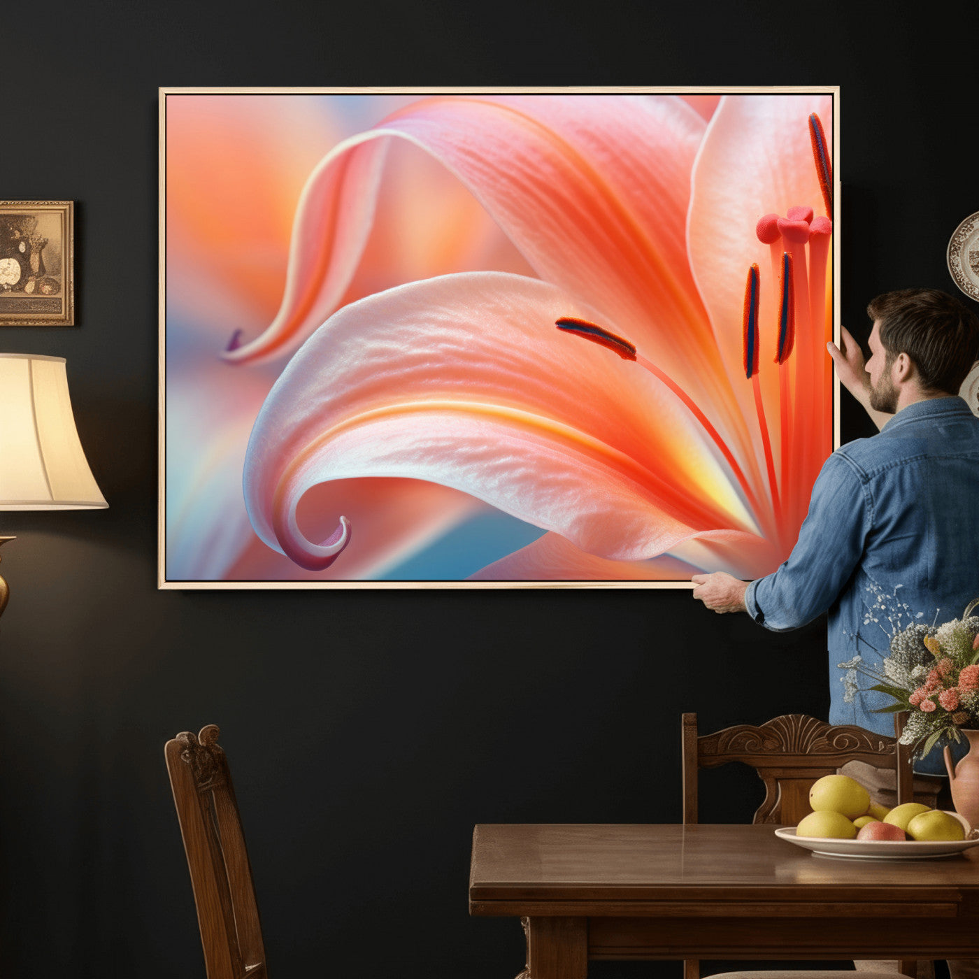 69566231-MGV-CV-36X24 - Peach Lily Canvas Wall Art, Coral Pink Flower Macro Photo Print, Botanical Bedroom Decor, Soft Floral Photography, Living Room Wall Art