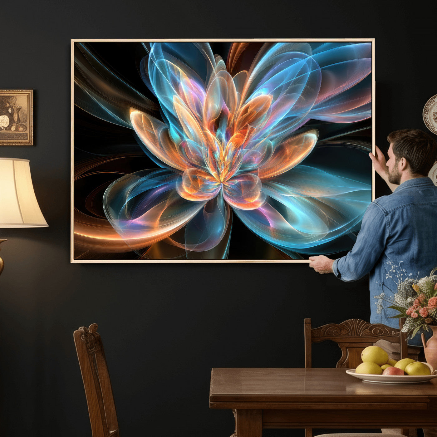 91902283-MGV-CV-36X24 - Fractal Lotus Canvas Wall Art, Blue Orange Glowing Flower Abstract Print, Modern Zen Meditation Room Decor, Ethereal Digital Art, Living Room