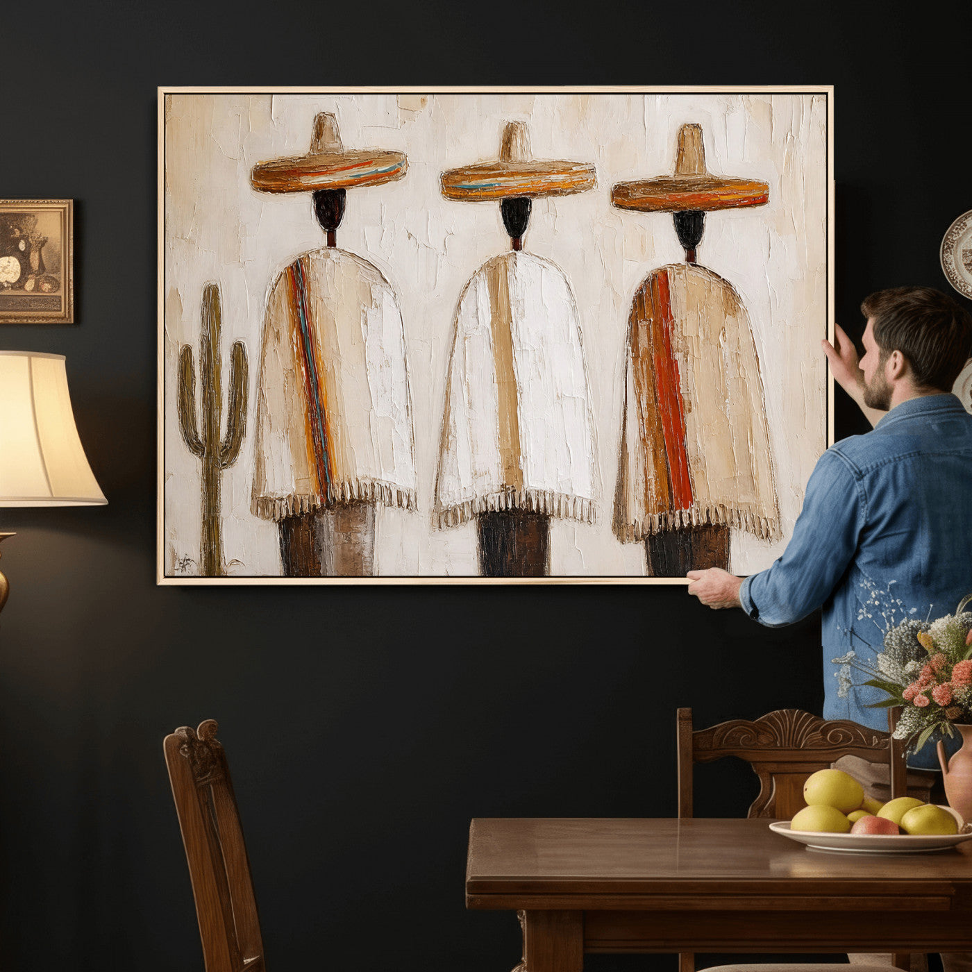 72884785-MGV-CV-36X24 - Mexican Folk Art Canvas Wall Art, Southwestern Sombrero Poncho Painting, Neutral Earthy Boho Decor, Fiesta Living Room Art, Impasto Style Print