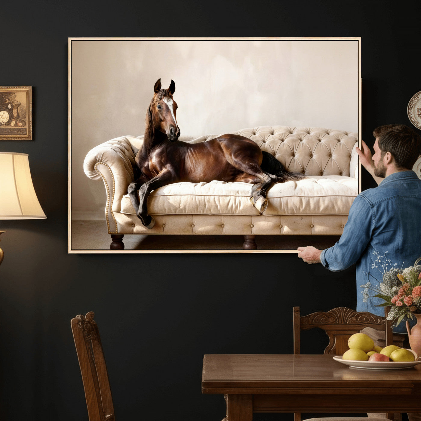 17716841-MGV-CV-36X24 - Funny Horse on Sofa Canvas Wall Art, Quirky Horse Lounging Photo Print, Whimsical Animal Decor, Living Room Conversation Art, Horse Lover Gift