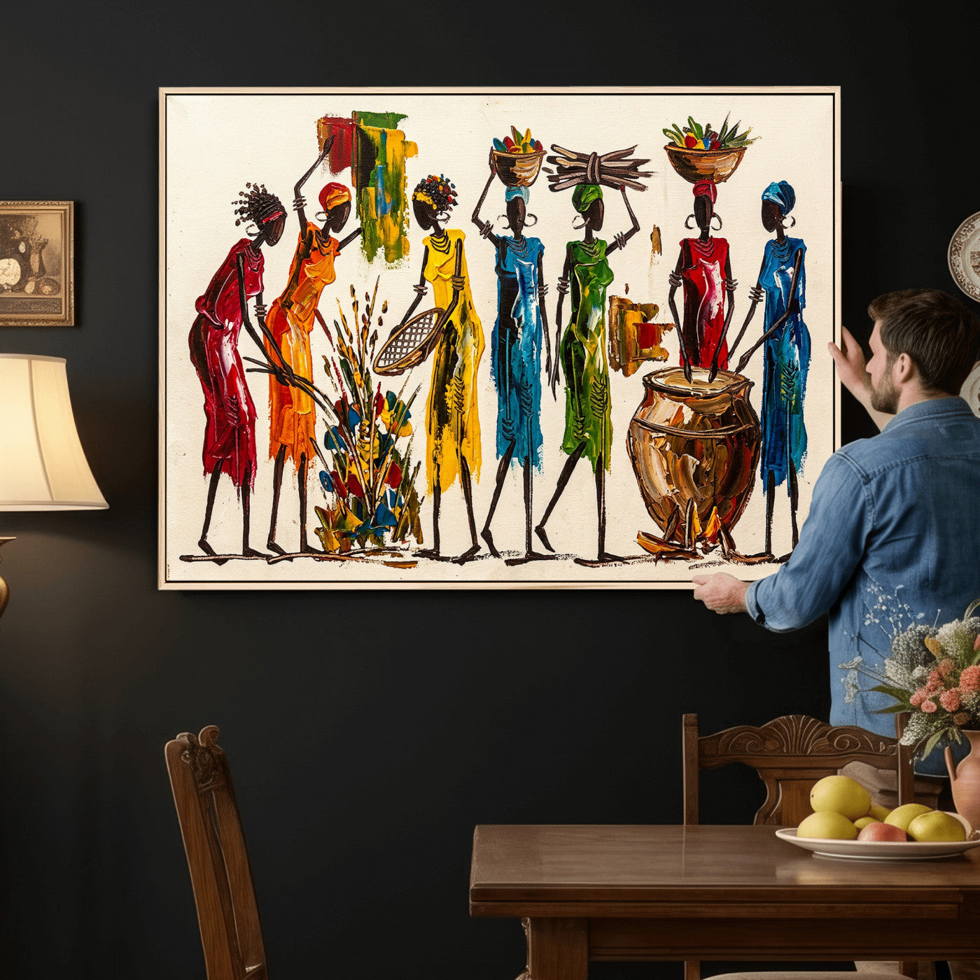 83463154-MGV-CV-36X24 - African Folk Art Canvas Wall Art, Colorful African Women Village Painting Print, Tribal Ethnic Home Decor, Vibrant African Art, Living Room