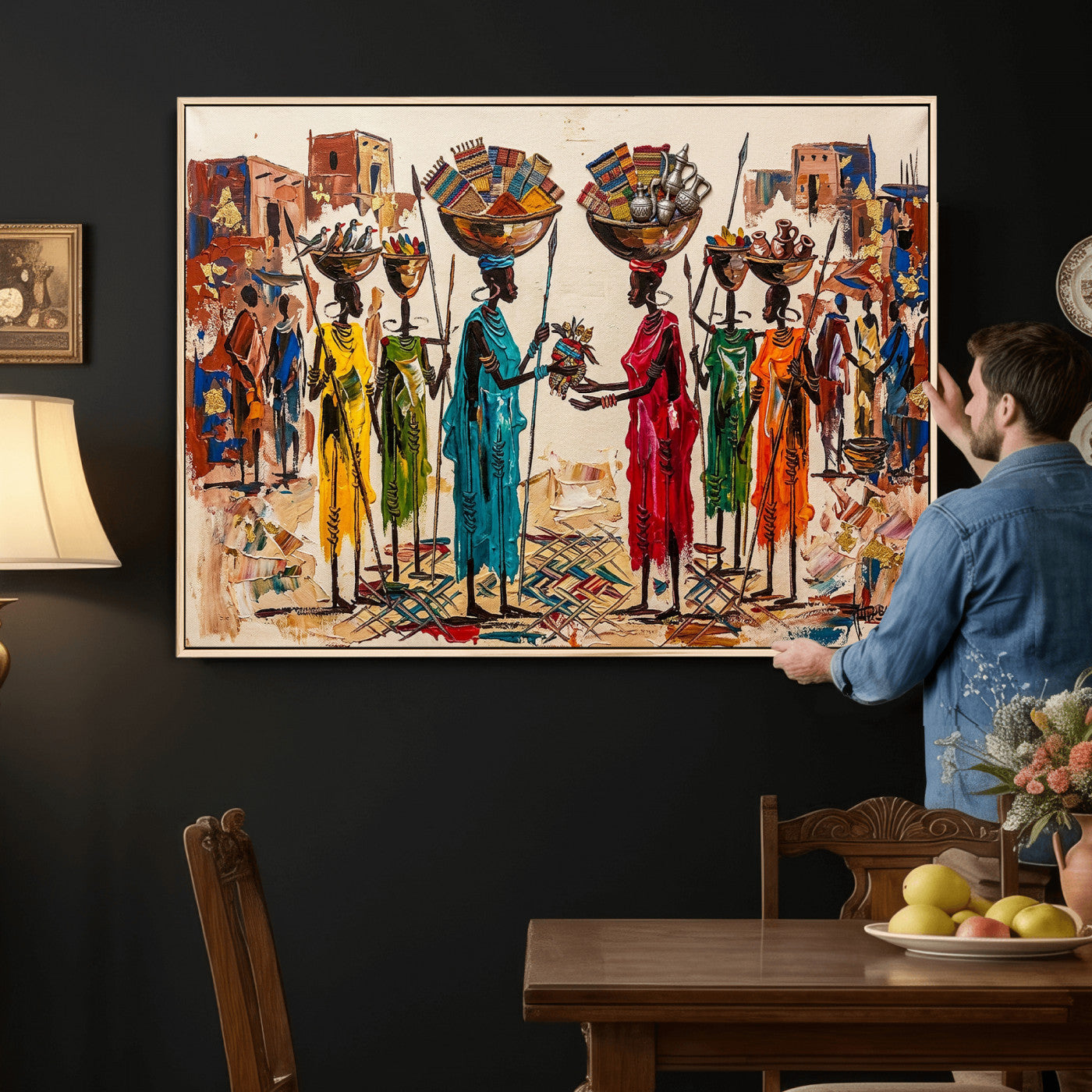 54818657-MGV-CV-36X24 - African Folk Art Canvas Wall Art, Colorful African Women Village Painting Print, Tribal Ethnic Home Decor, Vibrant African Art, Living Room