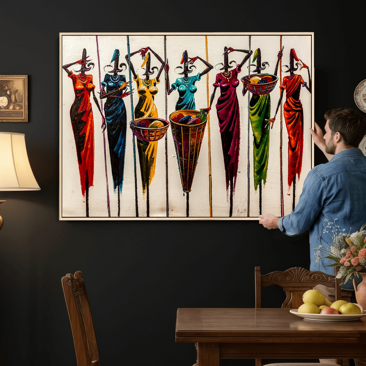 53545627-MGV-CV-36X24 - African Folk Art Canvas Wall Art, Colorful African Women Village Painting Print, Tribal Ethnic Home Decor, Vibrant African Art, Living Room