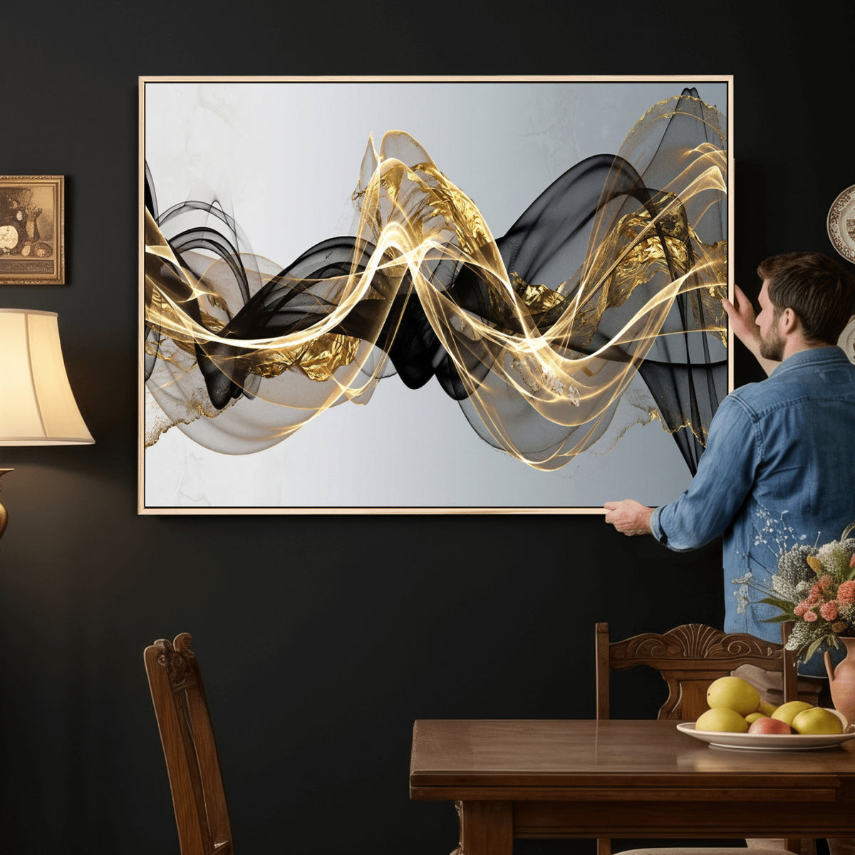 79483321DL-MGV-CV-36X24 - Black and Gold Abstract Wall Art, Modern Wave Canvas Print, Elegant Flowing Smoke Art, Luxury Living Room Decor