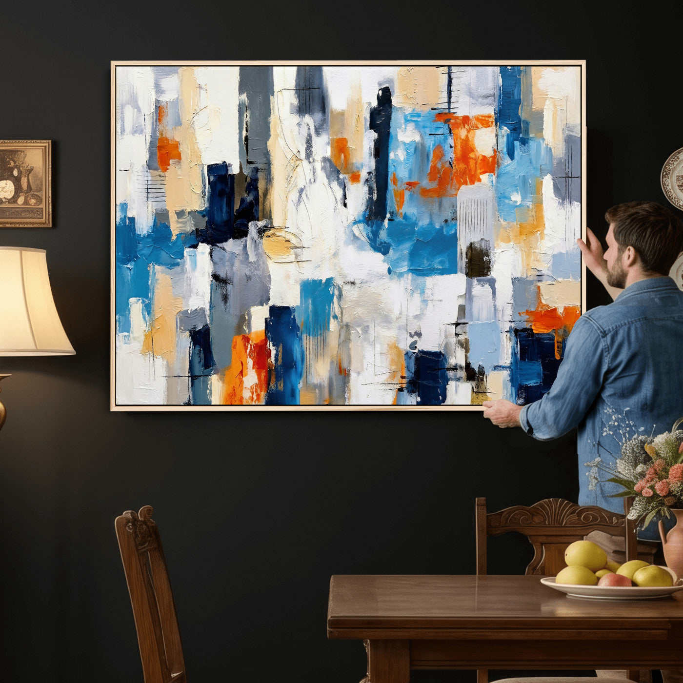 83915061-MGV-CV-36X24 - Blue Teal Abstract Canvas Wall Art, Modern Textured Painting Print, Navy Orange White Contemporary Art, Neutral Living Room Decor, Office Art