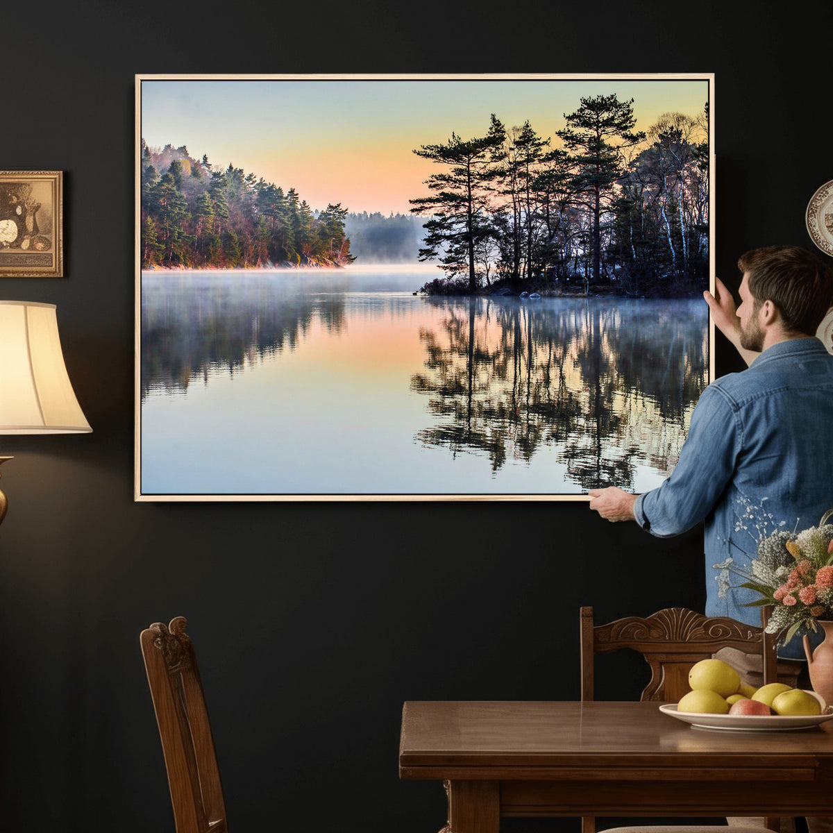 34236027-MGV-CV-36X24 - Before People Wake Canvas Wall Art Print, Misty Lake Sunrise Landscape, Forest Reflection Nature Decor, Ready to Hang
