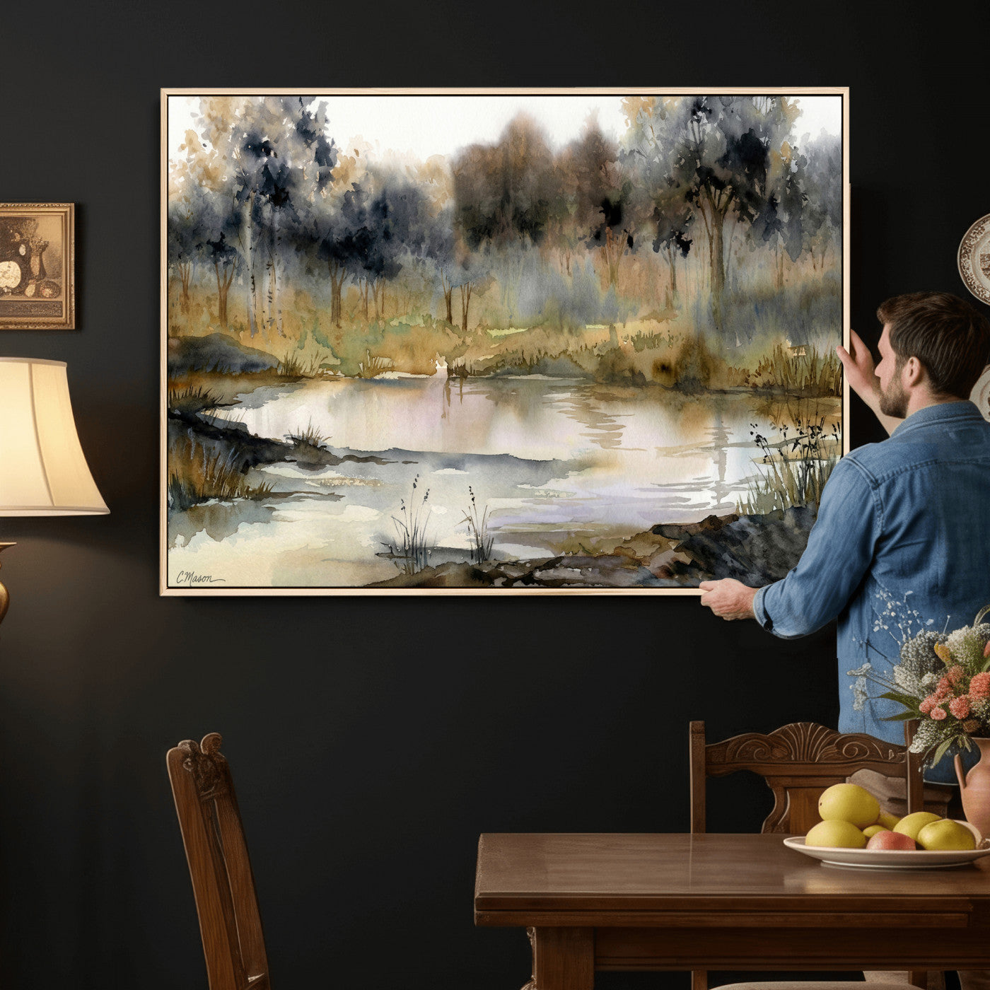 27383609-MGV-CV-36X24 - Abstract Watercolor Autumn Lake Canvas Wall Art Print - Misty Forest Landscape, Rustic Nature Painting, Cabin Wall Decor - Ready to Hang