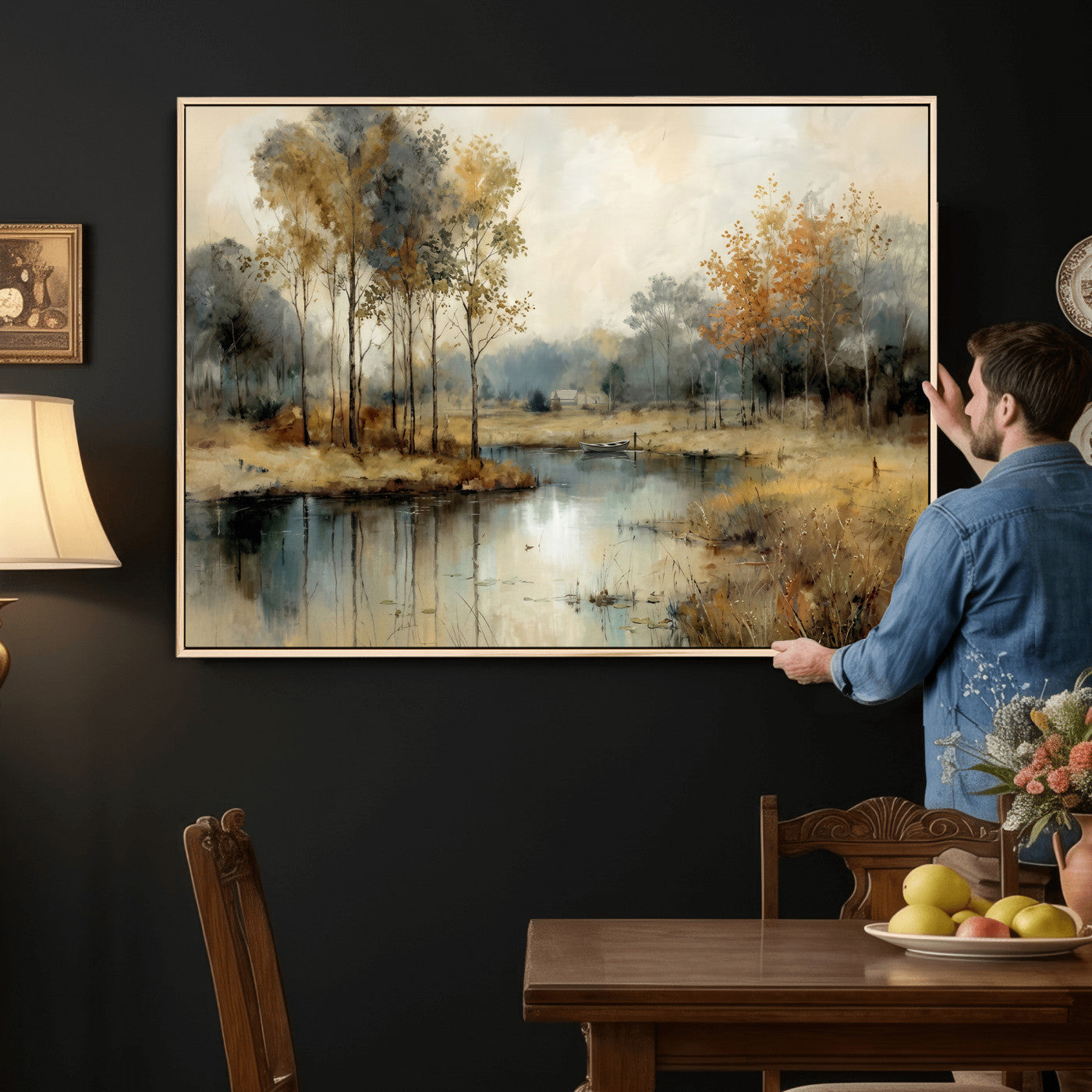 74391095-MGV-CV-36X24 - Abstract WatercolorAutumn Lake Canvas Wall Art Print, Misty Forest Landscape, Rustic Nature Painting, Cabin Wall Decor, Ready to Hang