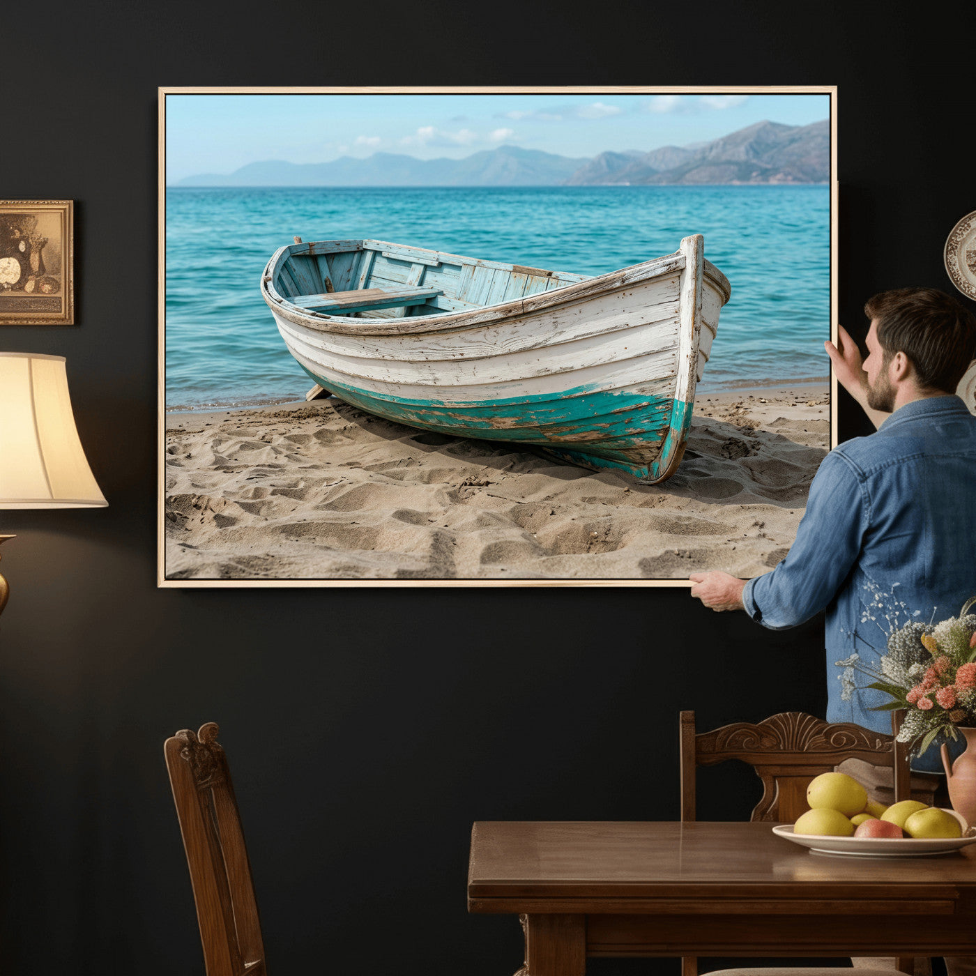 49963709-MGV-CV-36X24 - Coastal Boat Canvas Wall Art Print, Beach Boat Painting, Nautical Ocean Decor, Seascape Wall Art - Ready to Hang