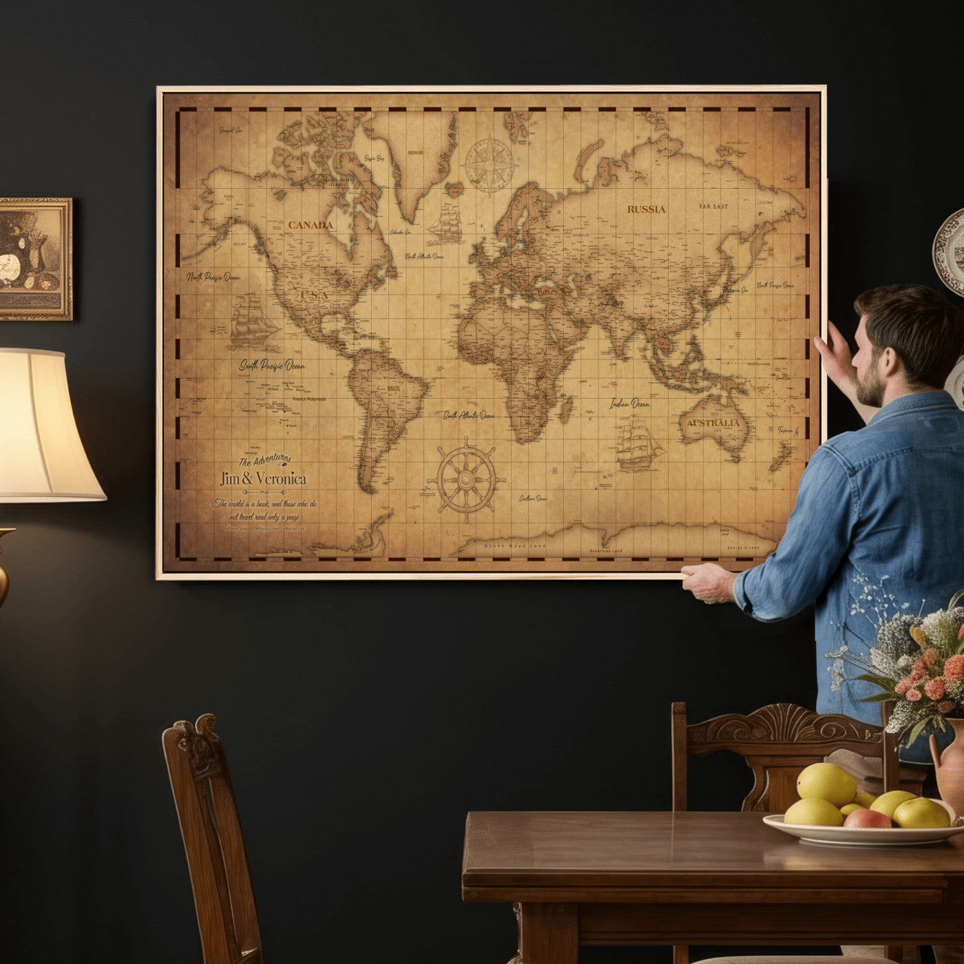 55328610-MGV-CV-36X24 - Personalize Push Pin World Map Wall Art Print | Vintage Travel Map Canvas, Custom Names Anniversary Gift, Places Visited Pin Board