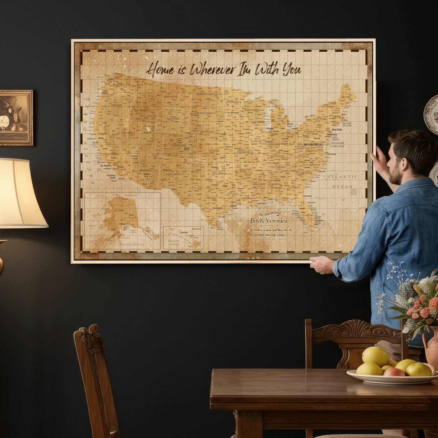 62164711-MGV-CV-36X24 - Personalized USA Push Pin Travel Map, Custom United States Map, Push Pin Map, USA Bucket List Map, Anniversary Gift - Couple Travel Map Wall Art