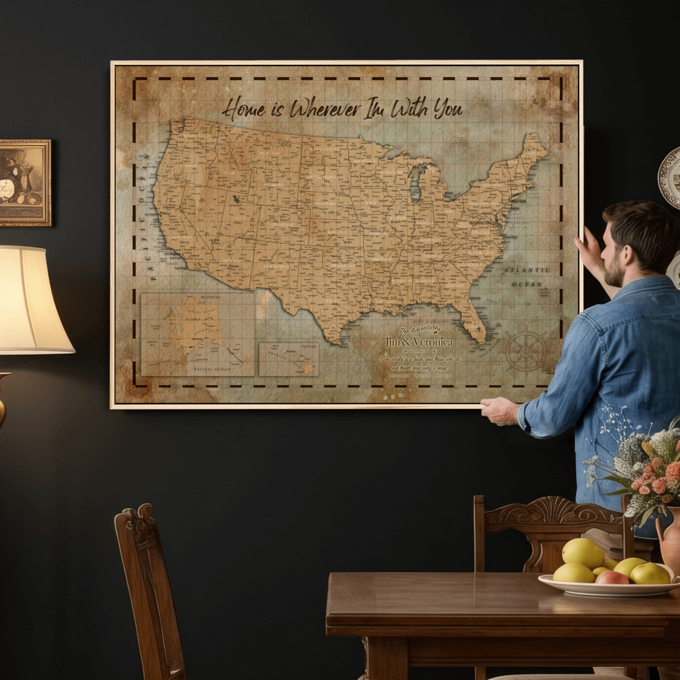 87620242-MGV-CV-36X24 - Personalized USA Push Pin Travel Map, Custom United States Map, Push Pin Map, USA Bucket List Map, Anniversary Gift, Couple Travel Map Wall Art