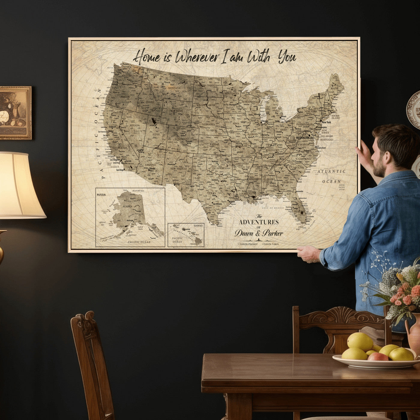 25440520-MGV-CV-36X24 - Personalized United States Map Canvas Wall Art with Push Pins Detailed
