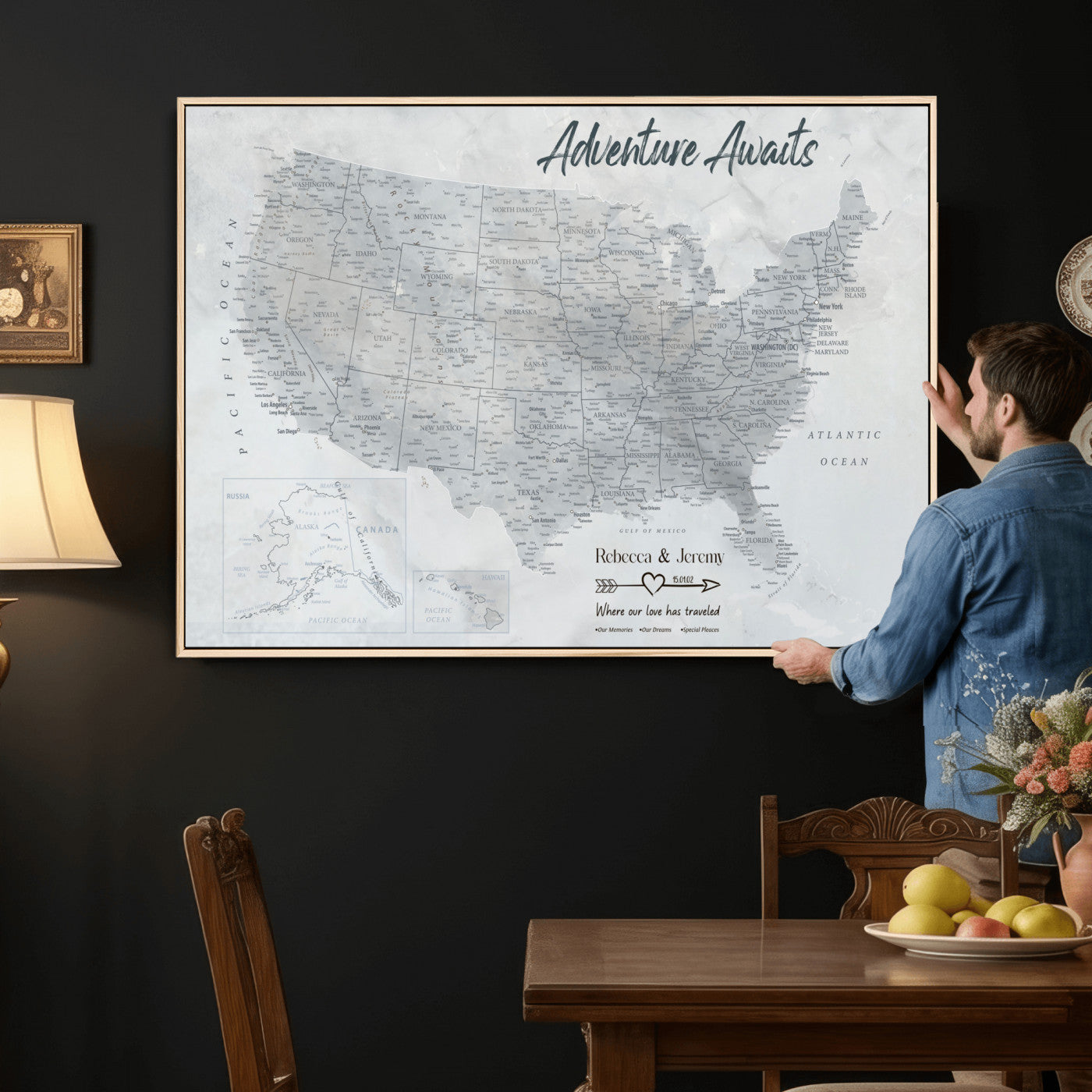 66120672-MGV-CV-36X24 - Personalized America Push Pin Travel Map Canvas Wall Art for Custom Family Gift