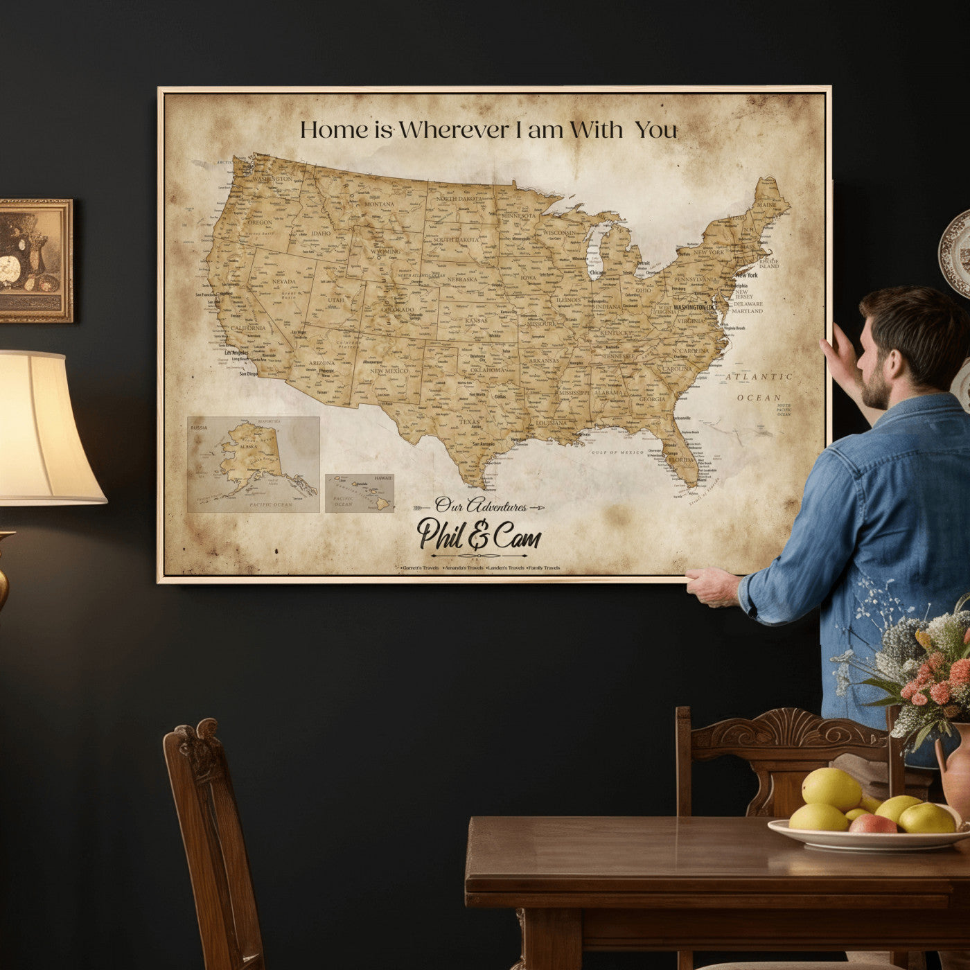 80624553-MGV-CV-36X24 - Personalized USA Push Pin Travel Map Canvas Wall Art Custom Family Gift