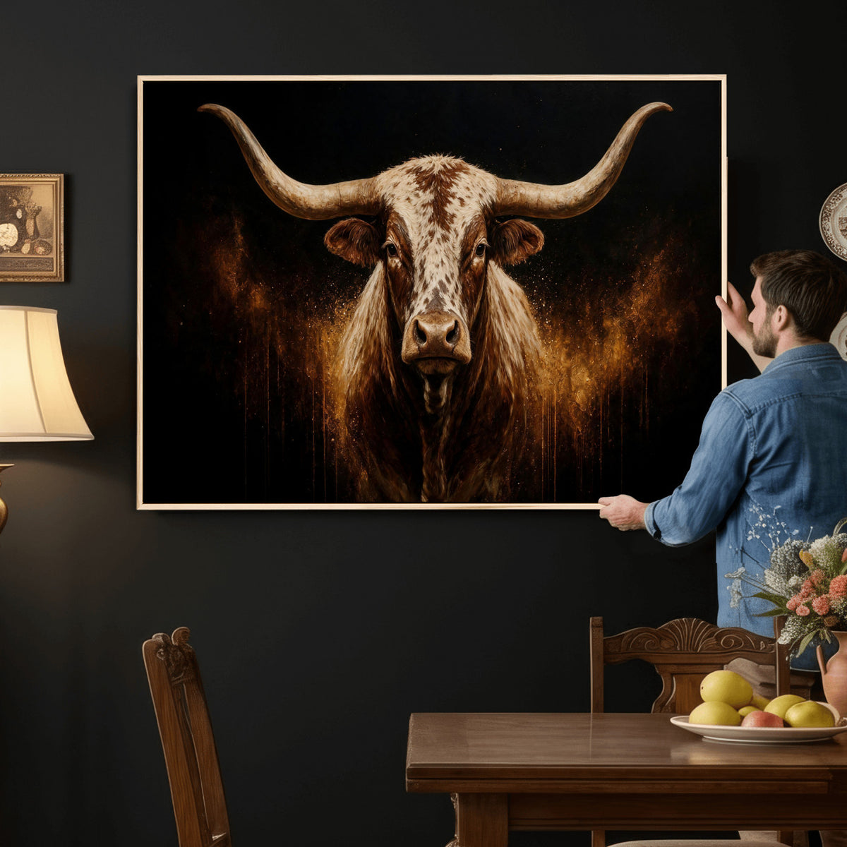 62076449-MGV-CV-36X24 - Texas Bull Cow Longhorn Canvas Wall Art Moody Western Bull Oil Painting Print