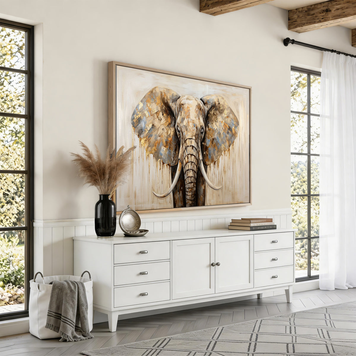 95819221-MGV-CV-36X24 - Gold Leaf Elephant Canvas Wall Art Abstract African Wildlife Painting Print