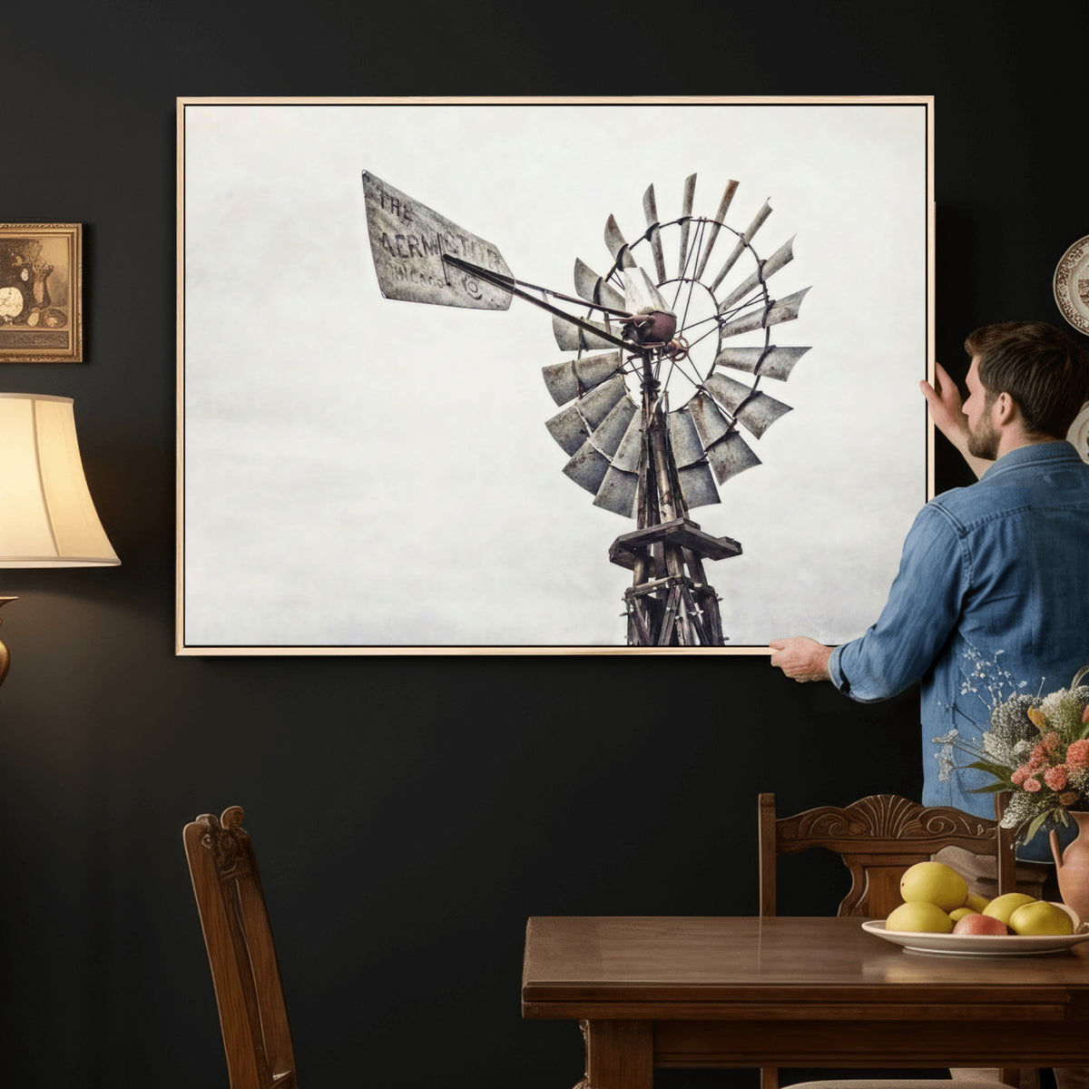 63200638-MGV-TP-24X36 - Vintage Rustic Farmhouse Windmill Canvas Wall Art - Western Country Landscape Print