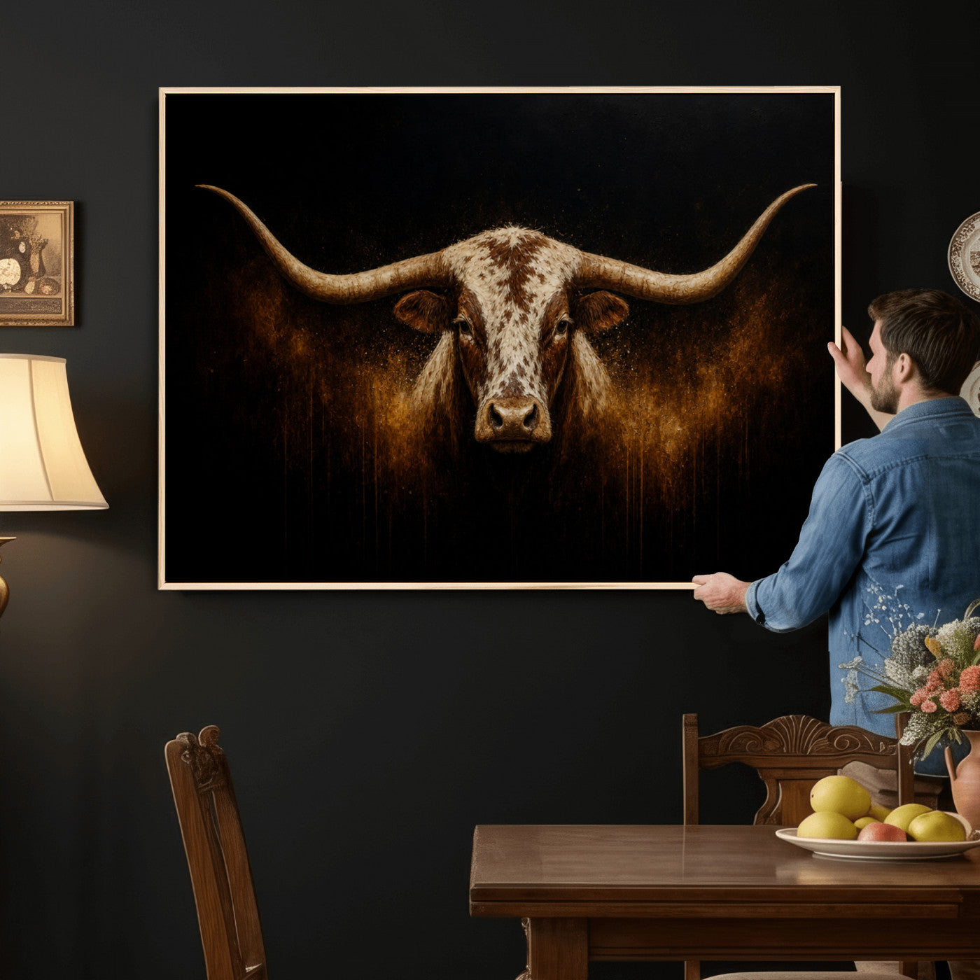 12628958-MGV-CV-36X24 - Texas Longhorn Canvas Wall Art Moody Western Bull Oil Painting Print
