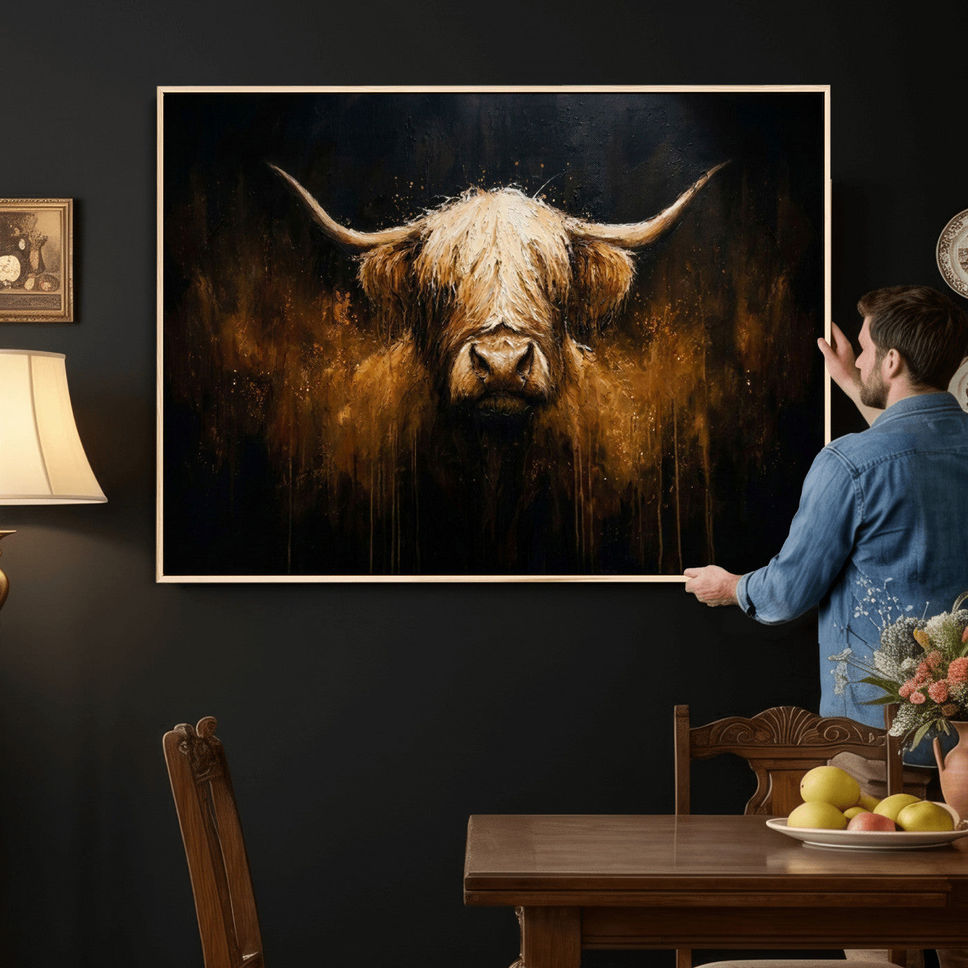 79873059-MGV-CV-36X24 - Rustic Highland Cow Canvas Print Dark Farmhouse Cattle Wall Decor