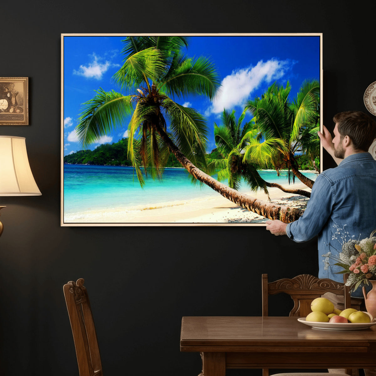67049818-MGV-CV-36X24 - Tropical Island Coconut Palm Trees Wall Art Canvas Print - Turquoise Beach Print for Lake Home Decor