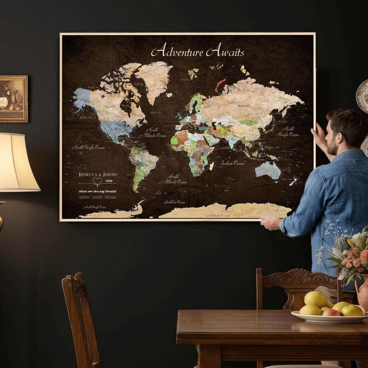 95753799-MGV-CV-36X24 - Custom Push Pin World Map Canvas Print – Personalized Travel Map Wall Art