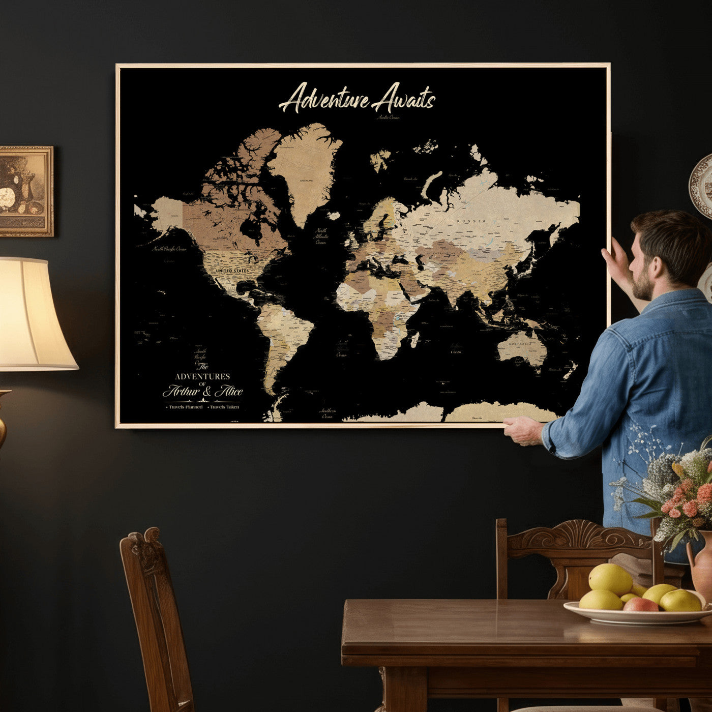 88415067-MGV-CV-36X24 - Custom Push Pin World Map Canvas Print – Personalized Travel Map Wall Art