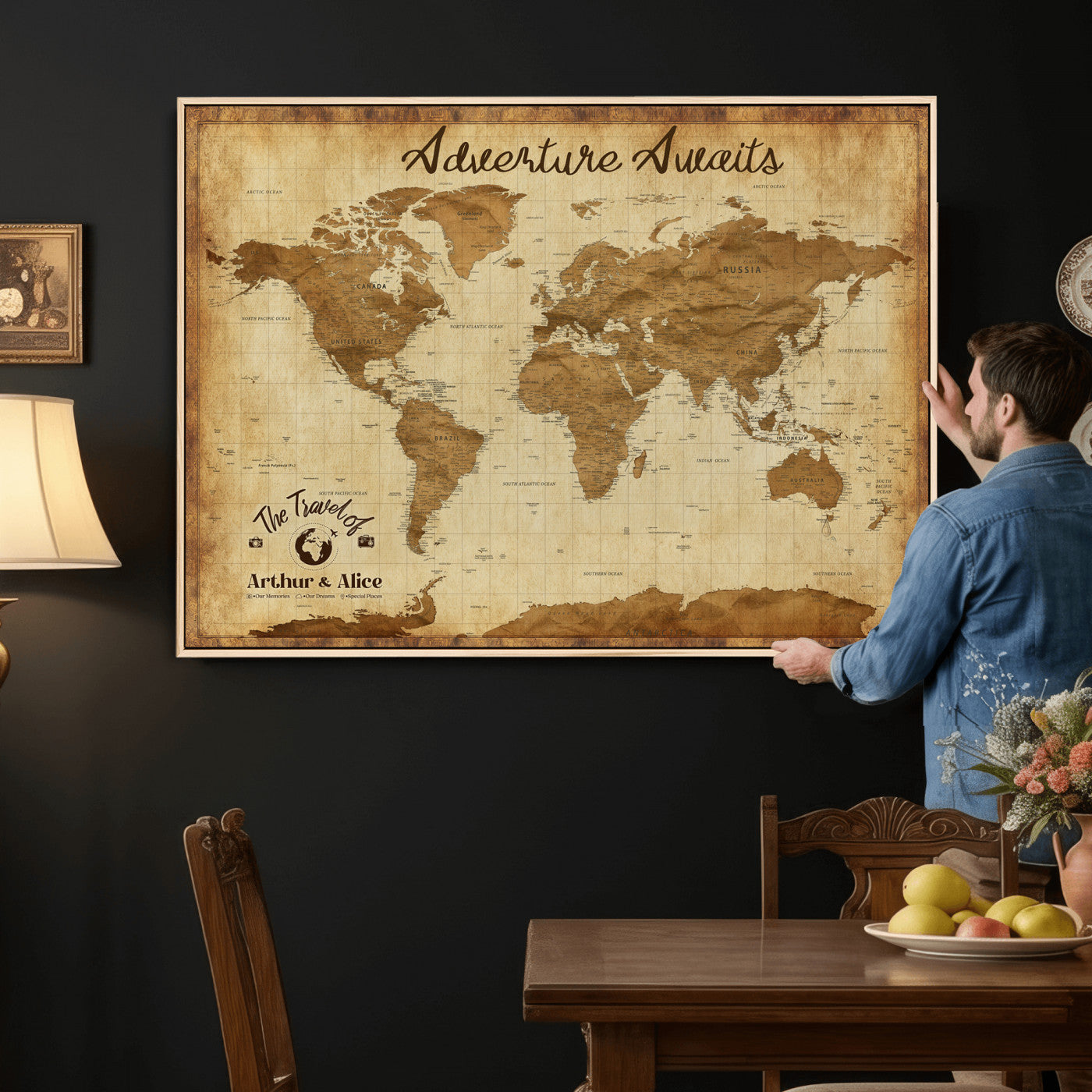 43427501-MGV-CV-36X24 - Custom Push Pin World Map Canvas Print – Personalized Travel Map Wall Art