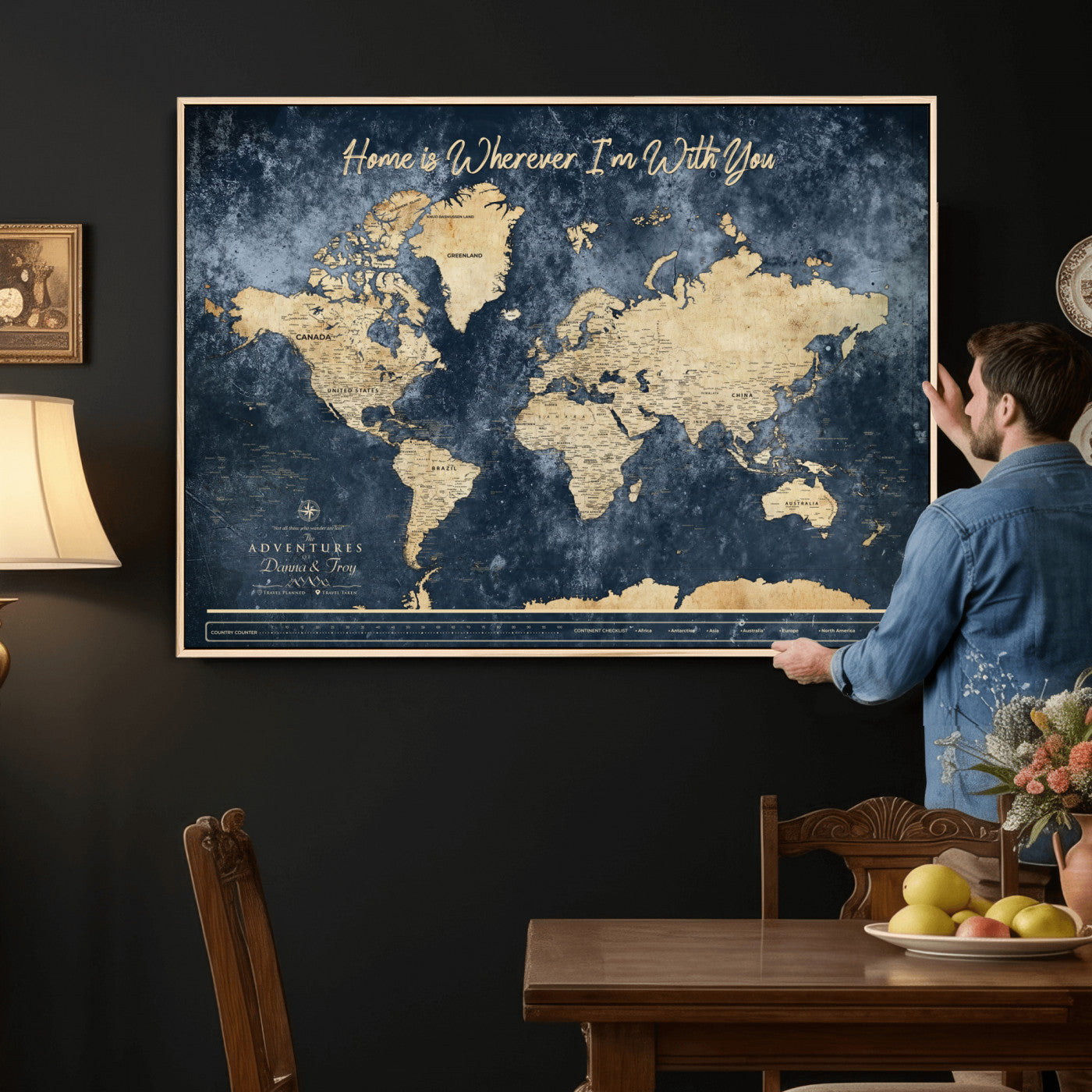 400867BL-MGV-CV-36X24 - Framed Blue Custom Push Pin World Map Canvas Print – Personalized Travel Map Wall Art