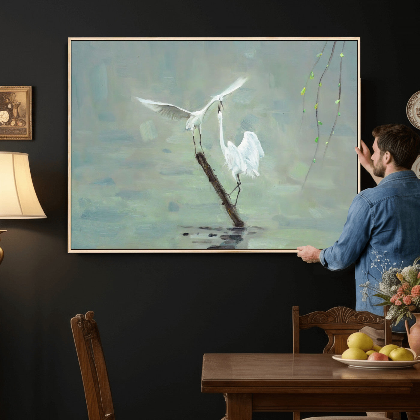 91124838-MGV-CV-36X24 - Two White Egrets on Marsh Branch Wall Art Canvas Print - Vintage Style Coastal Bird Poster