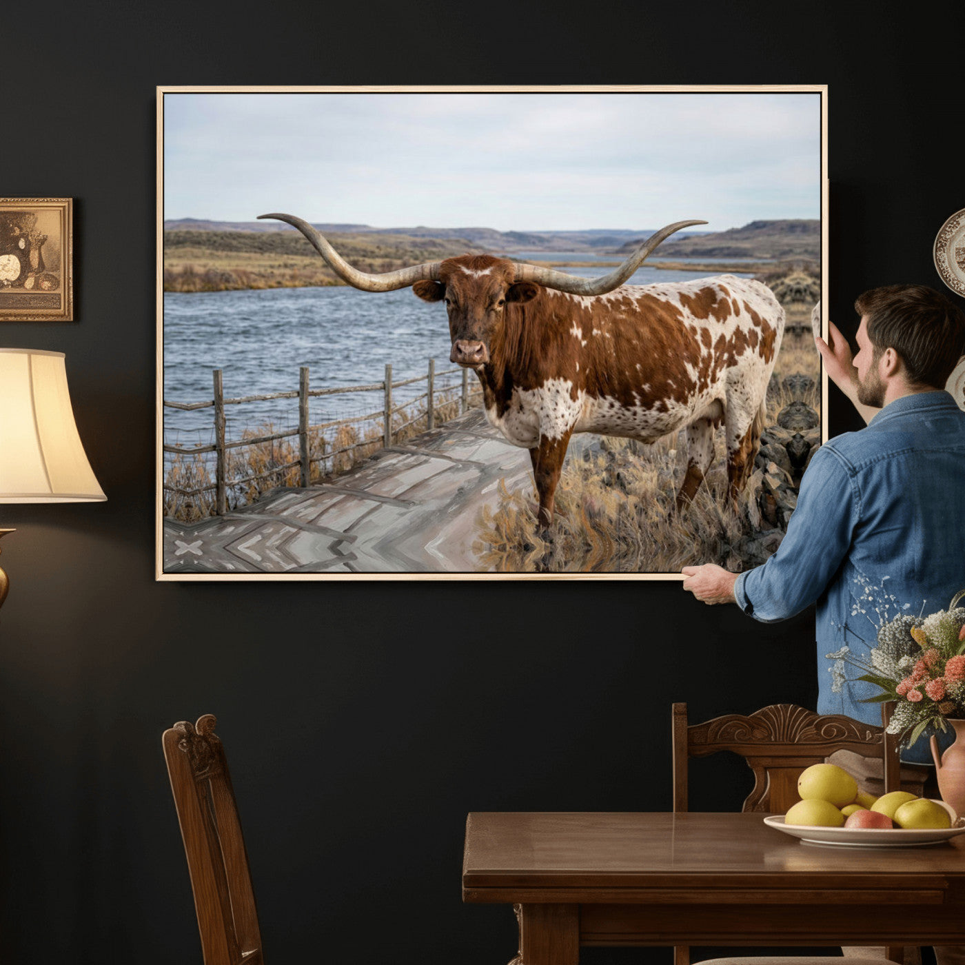 91575949-MGV-CV-36X24 - Texas Longhorn Cattle in Desert Pasture Wall Art Canvas Print - Rustic Western Decor