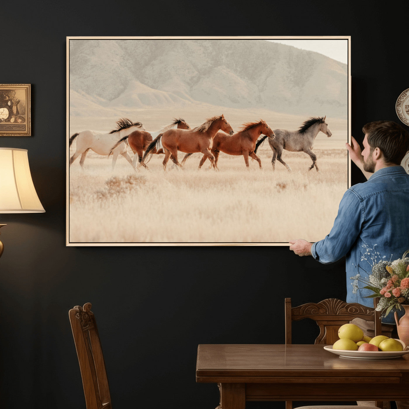 43348446-MGV-CV-36X24 - Herd of Wild Horses Running in Desert Mountain Wall Art Canvas Print - Boho Western Landscape