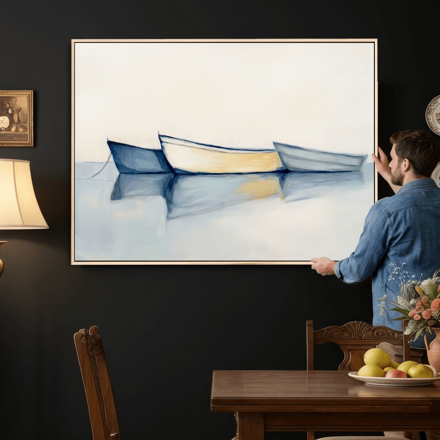 84017361-MGV-CV-36X24 - Abstract Three Boats Reflecting on Water Wall Art Canvas Print - Minimalist Coastal Seascape