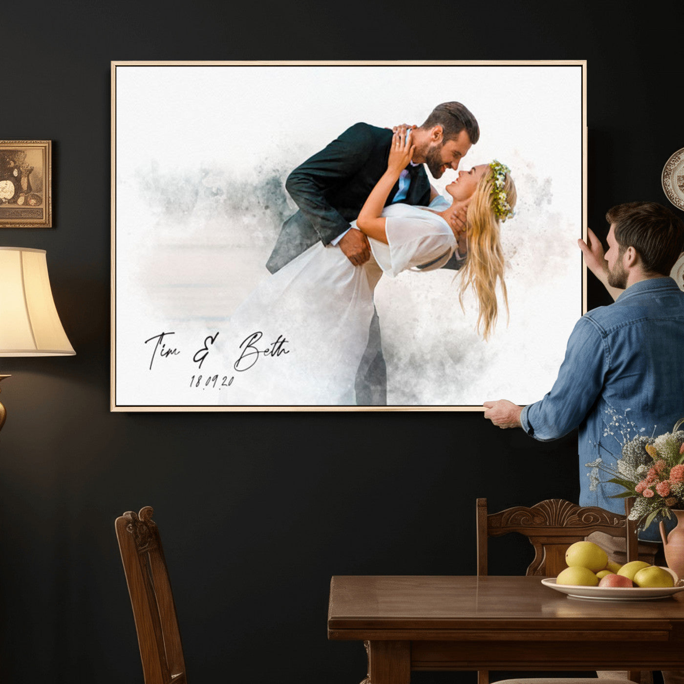 39726003-MGV-CV-36X24 - Watercolor Couple Portrait from Photo, Custom Wedding Anniversary Gift for Wife Husband Parents, Engagement Gift for Friend