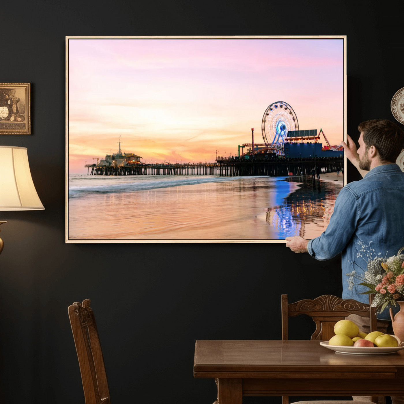 27381272-MGV-CV-36X24 - Santa Monica Pier Sunset Beach Wall Art Canvas Print, California Ferris Wheel Photo Print