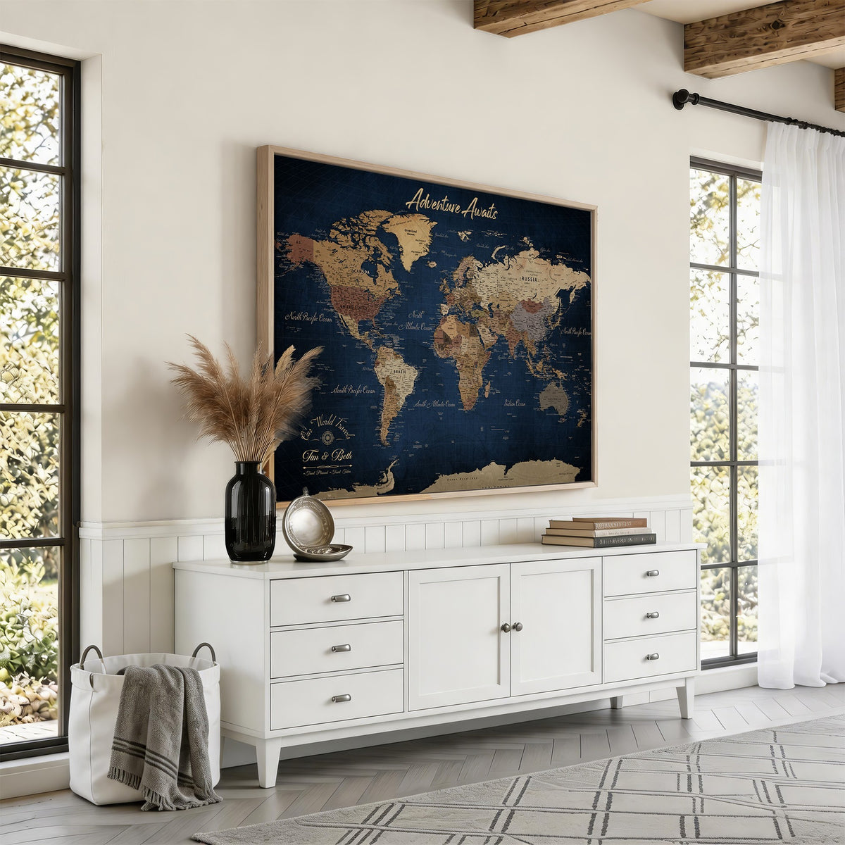 74477969-MGV-CV-36X24 - Custom Push Pin Travel Map Canvas Print, Family Travel Tracker, Study and Entryway Decor