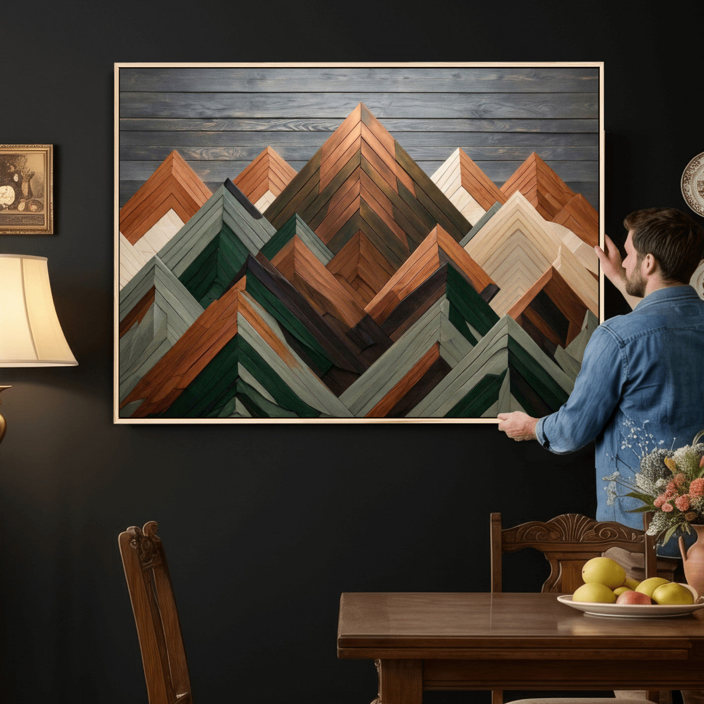 84617347-MGV-CV-36X24 - Geometric Wood Mountain Wall Art Canvas Print, 3D Look Rustic Mosaic Landscape Print