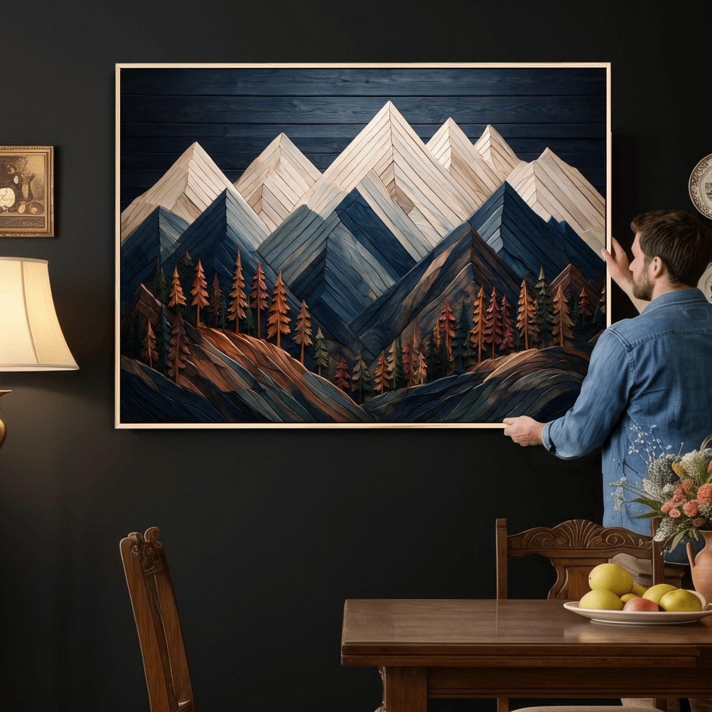87765072-MGV-CV-36X24 - Geometric Wood Mountain Wall Art Canvas Print, 3D Look Rustic Mosaic Landscape Print