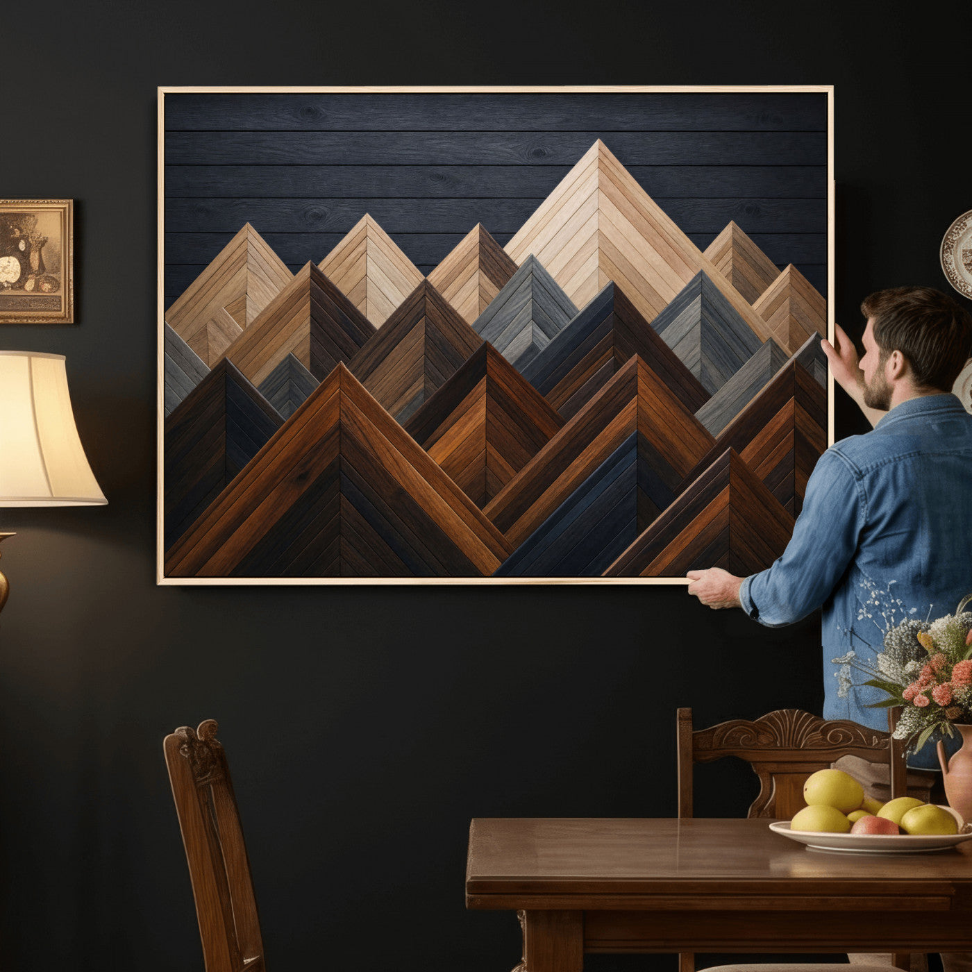 70531117-MGV-CV-36X24 - Geometric Wood Mountain Wall Art Canvas Print, 3D Look Rustic Mosaic Landscape Print