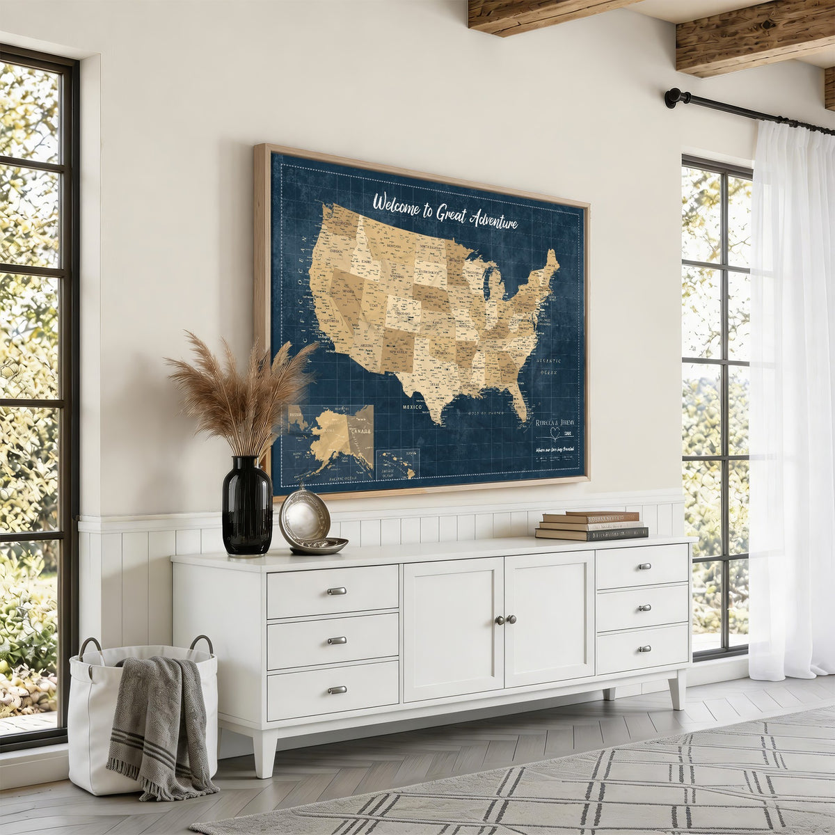 58851035-MGV-CV-36X24 - Custom Cream Push Pin USA Map Canvas Print, 50 State Bucket List Map, Family Room and Hallway Decor