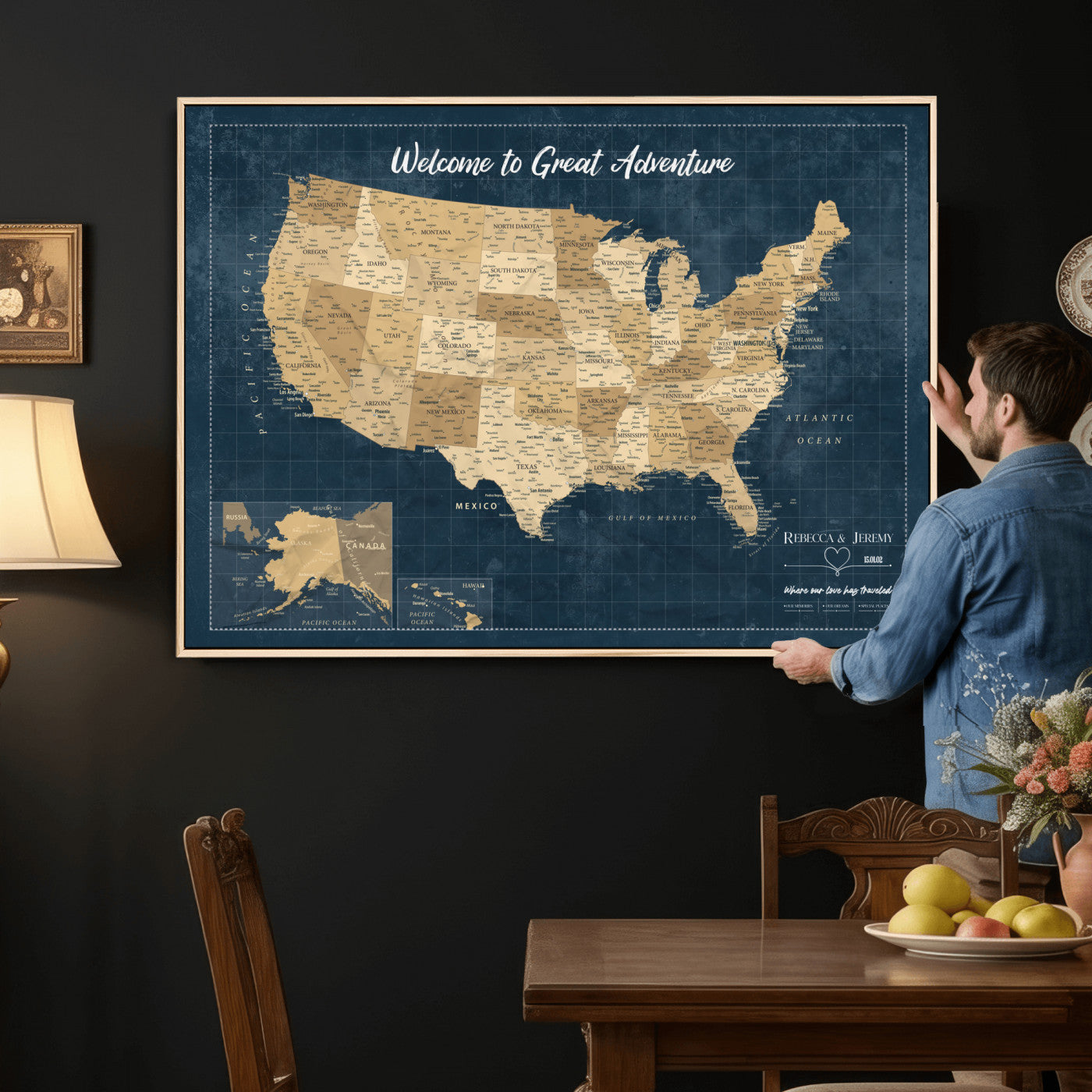 58851035-MGV-CV-36X24 - Custom Push Pin Travel USA Map Canvas Print, Cream Personalized Travel Tracker America Map, Anniversary Traveler Gift