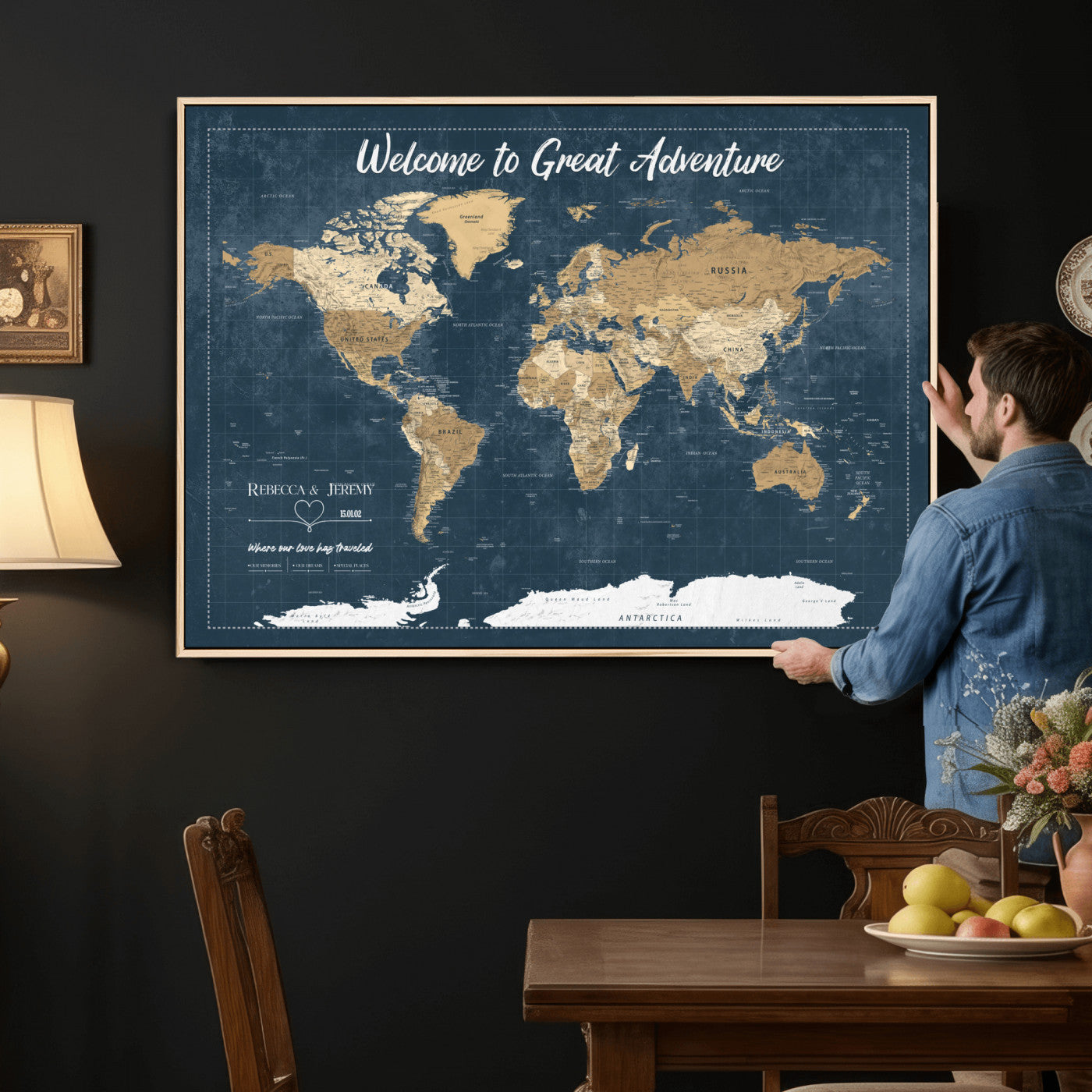 57167164-MGV-CV-36X24 - Custom Push Pin Travel Map Canvas Print, Cream Personalized Travel Tracker Map, Anniversary Gift, Vintage World Map Wall Art