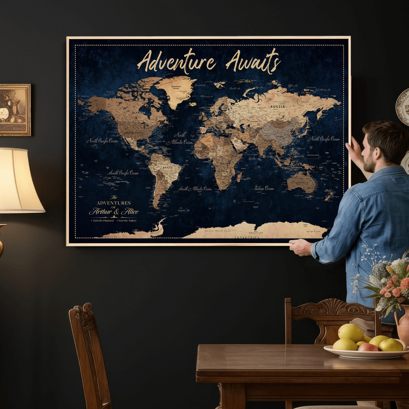 57167164-MGV-CV-36X24 - Custom Push Pin Travel Map Canvas Print, Navy Blue Personalized Travel Tracker Map, Anniversary Gift, Vintage World Map Wall Art