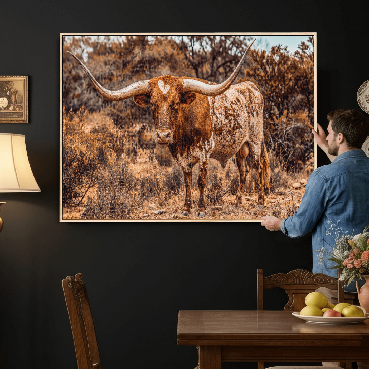 62076449-MGV-CV-36X24 - Texas Cow Bull Longhorn Print for Western Wall Art Decor for Farmhouse