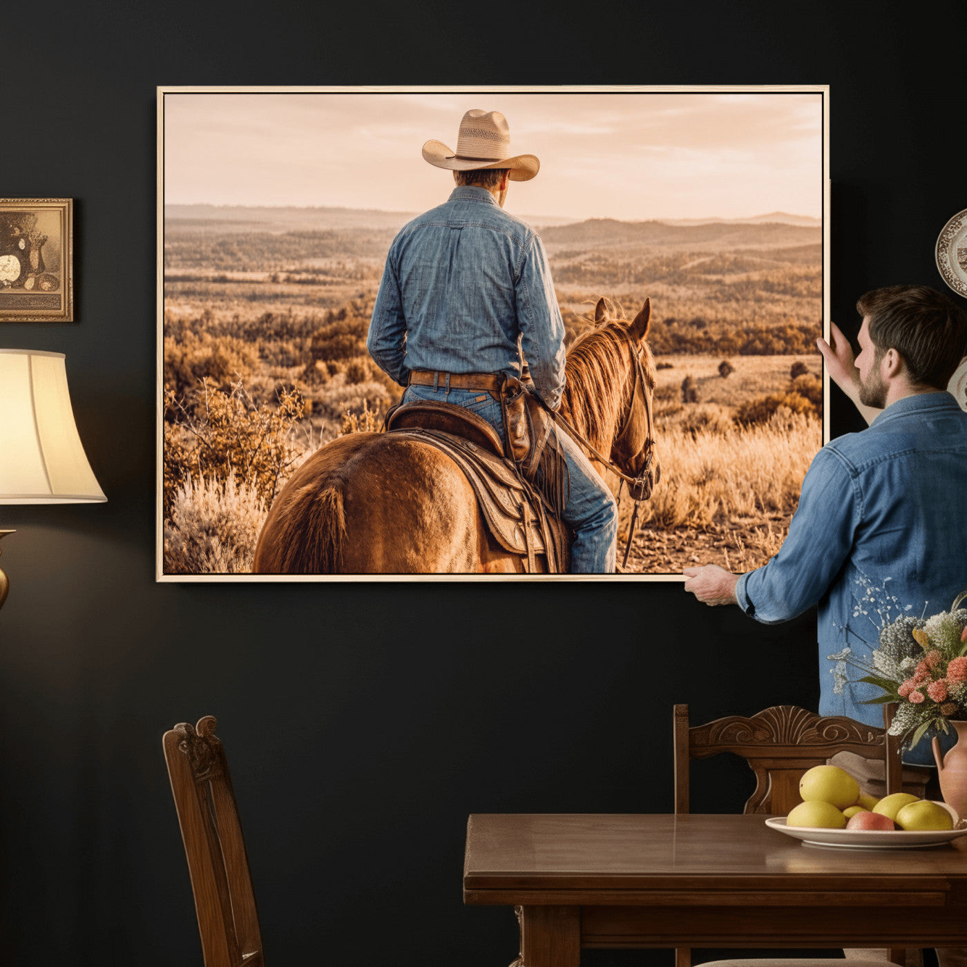 62076449-MGV-CV-36X24 - Texas Cowboy and Horse Print for Western Wall Art Decor for Farmhouse