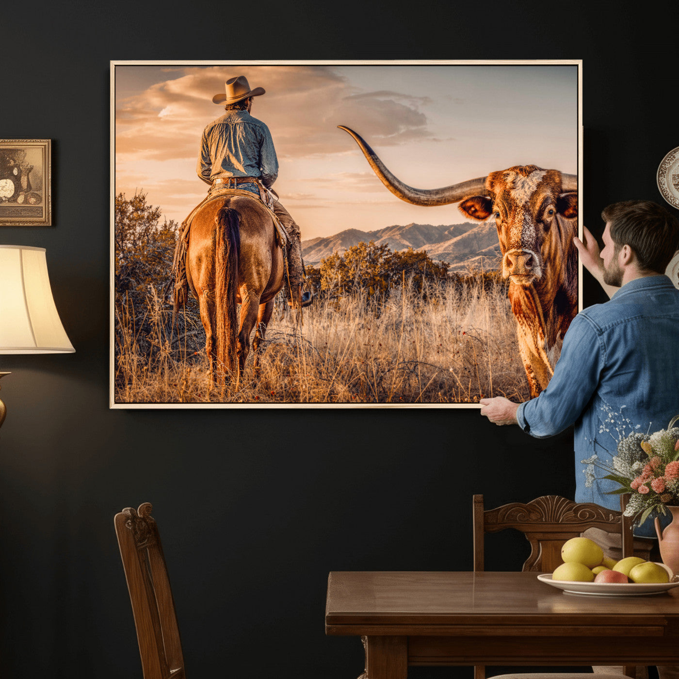 62076449C-MGV-CV-36X24 - Texas Cowboy and Longhorn Bull Print for Western Wall Art Decor for Farmhouse