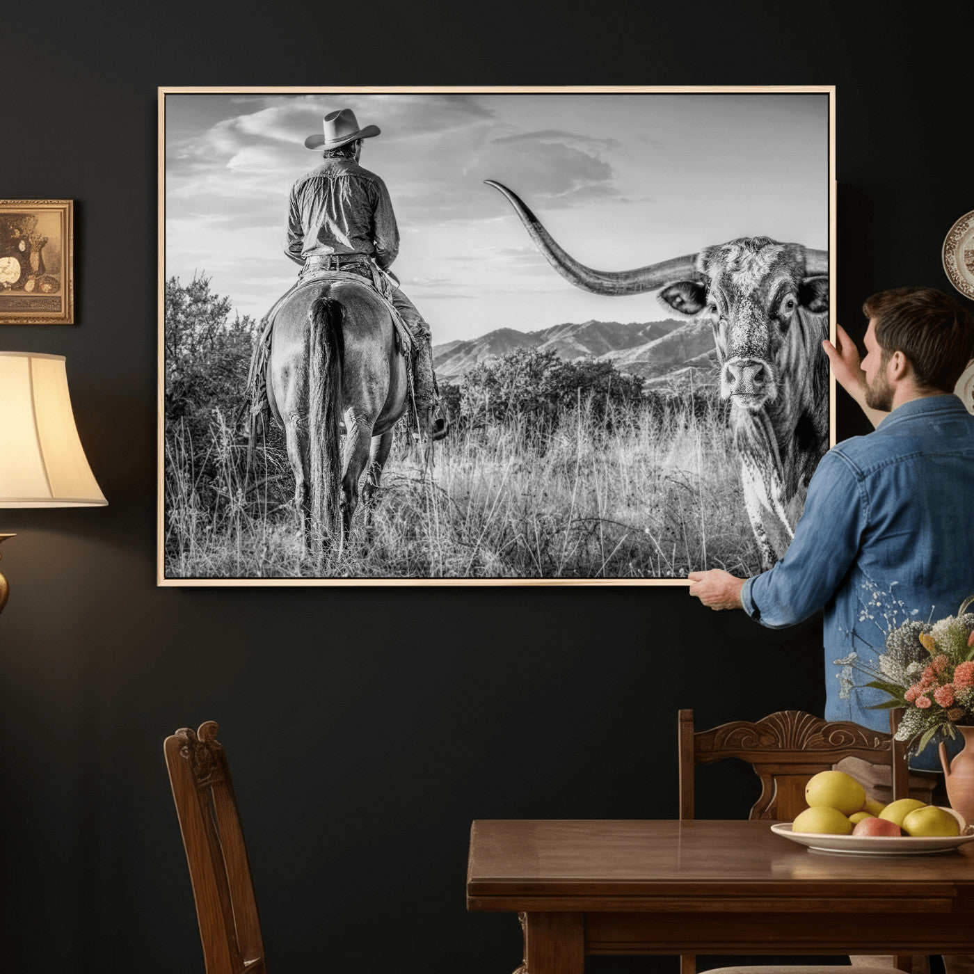 62076449WB-MGV-CV-36X24 - Texas Cowboy and Longhorn Bull Print for Western Wall Art Decor for Farmhouse