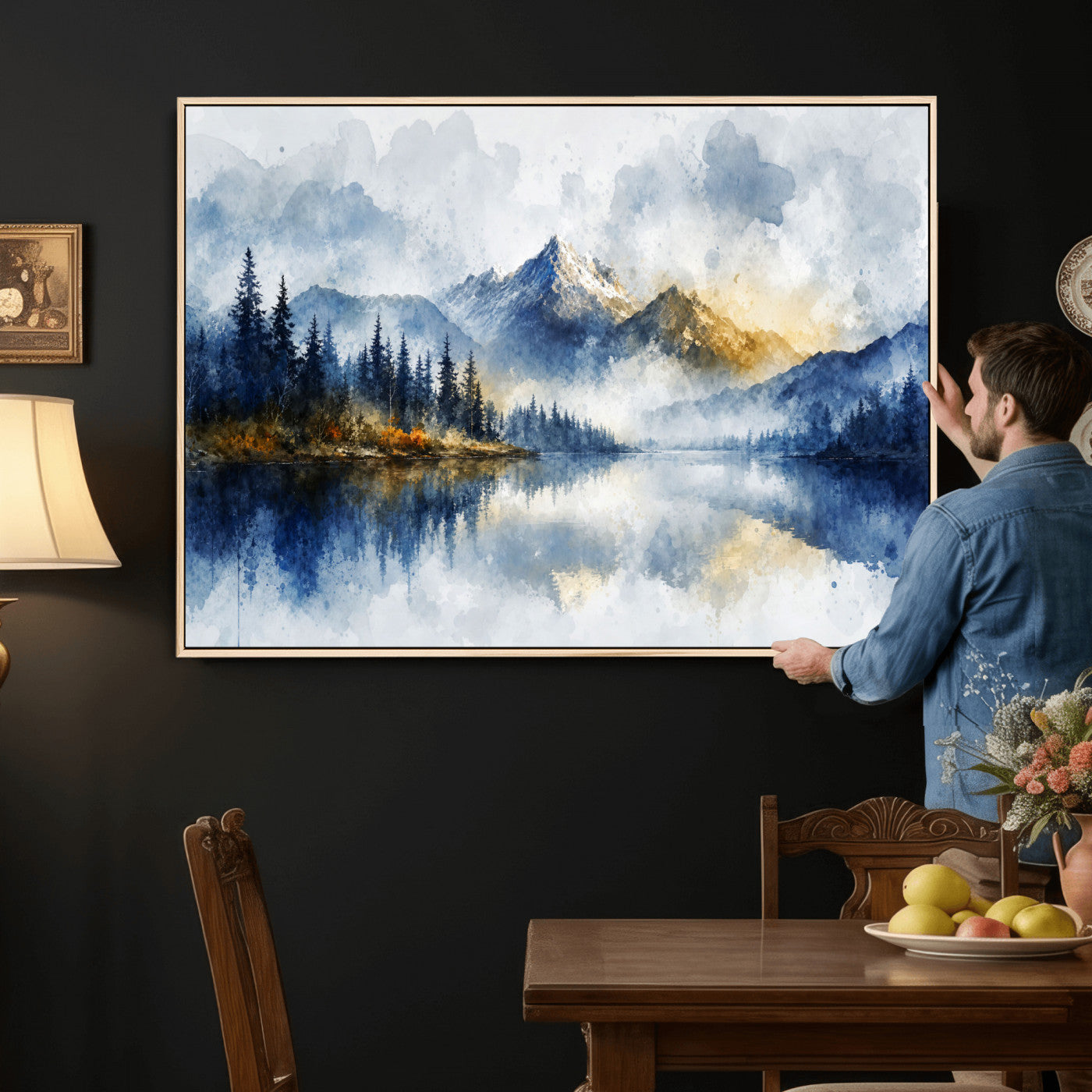 62076449DG-MGV-CV-36X24 - Abstract Watercolor Mountain Lake Wall Art Print for Living Room Decor